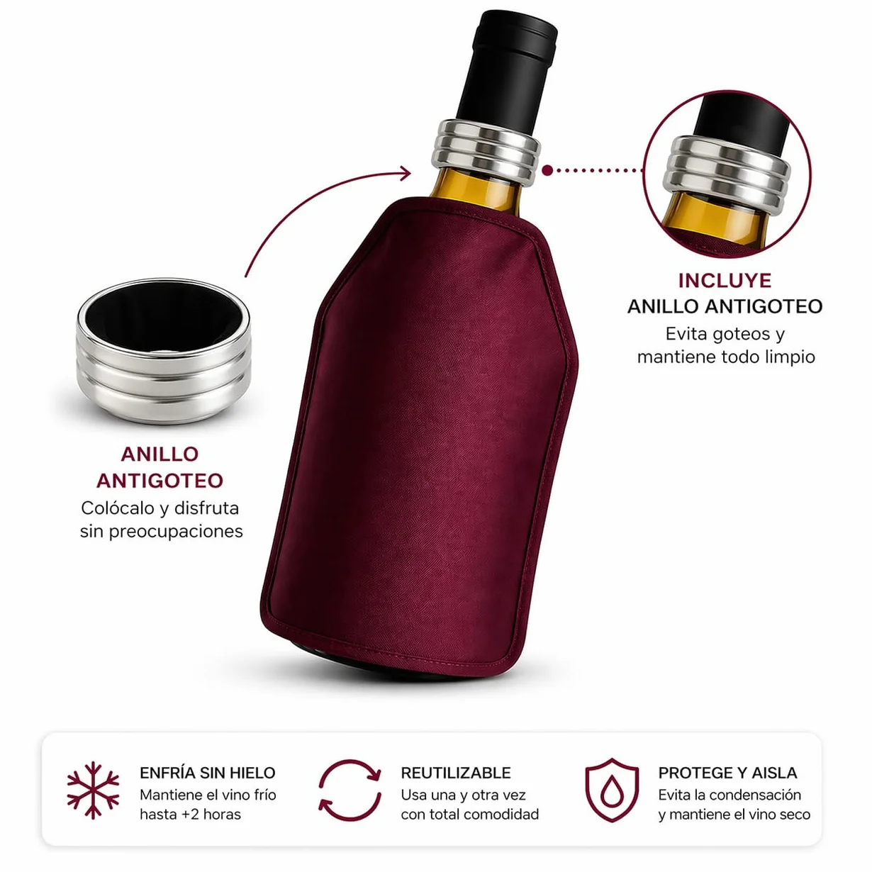 Enfriador de Botellas de Vino Reutilizable con Gel – Funda Enfriadora sin Hielo – Mantiene el Vino Frío 2h – Burdeos