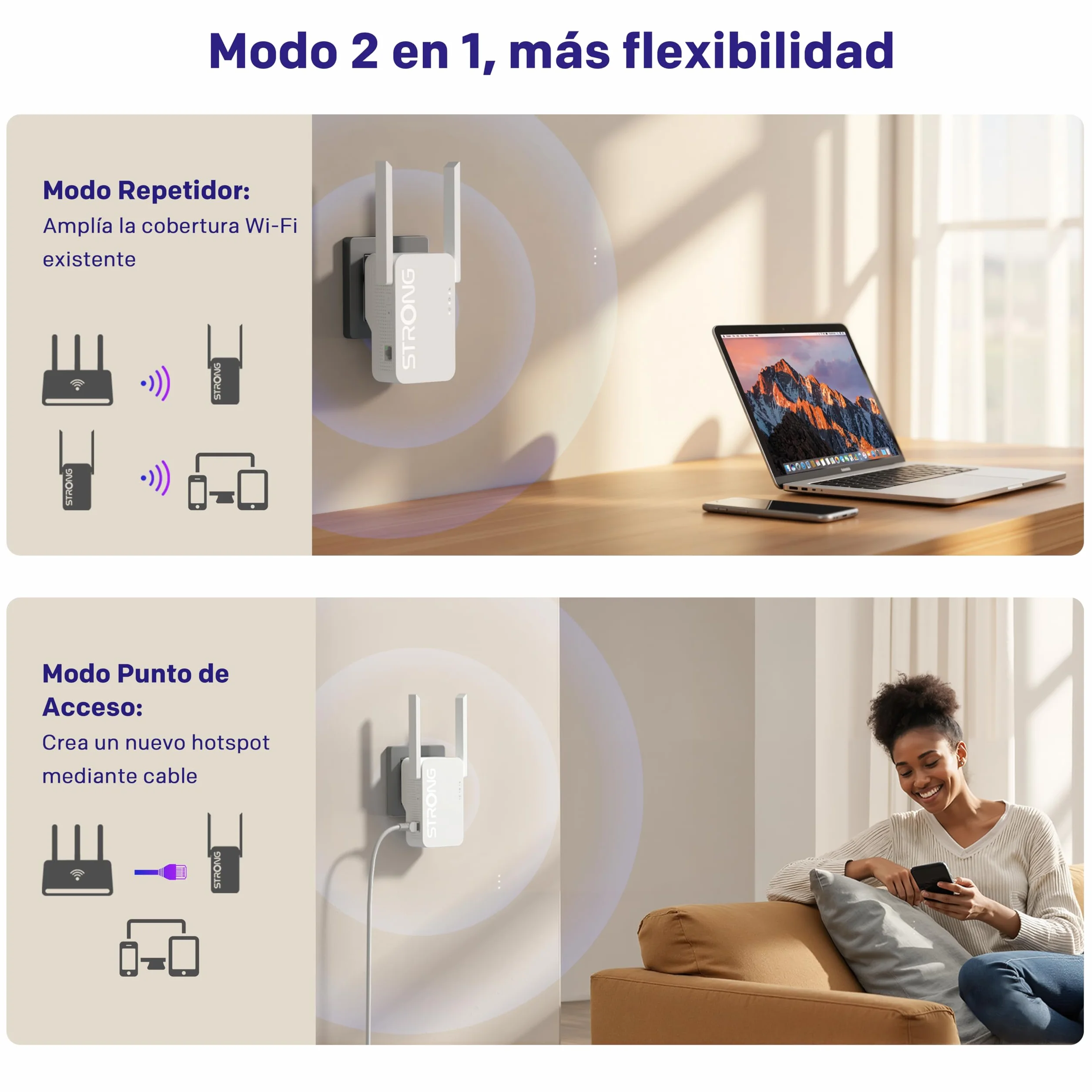 Strong Repetidor WiFi 6 AX3000 de Pared – Amplificador señal WiFi Potente Largo Alcance, Dual Band con Antenas externas, WiFi Extender para casa, Streaming y Gaming