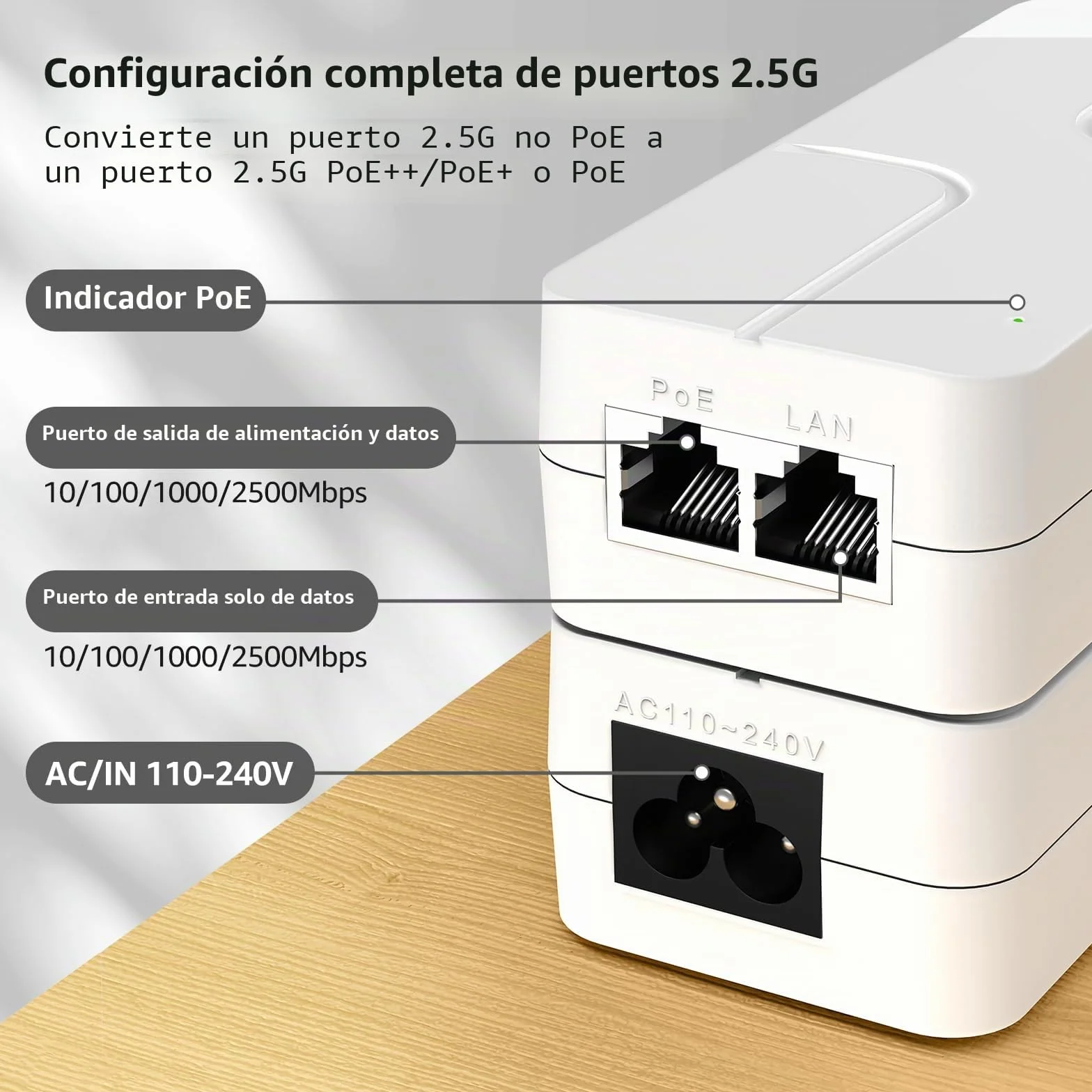 YuanLey Inyector PoE 2.5G 30W, PoE+ Convierte Puerto No-PoE a PoE+, 52V IEEE 802.3at/AF, Adaptador Ethernet 10/100/1000/2500Mbps Plug & Play, hasta 100m