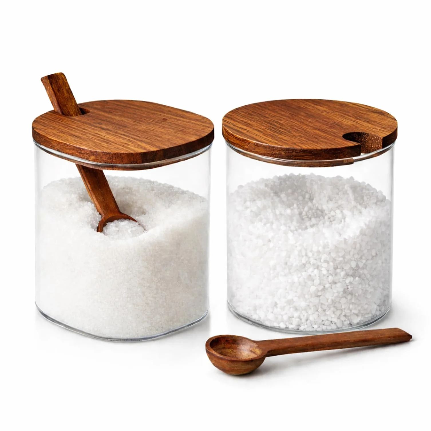 TIENDA EURASIA – Set Salero y Azucarero de Vidrio con Tapa y Cuchara de Madera | Recipientes para Especias y Azúcar | Diseño Transparente | Cocina y Mesa