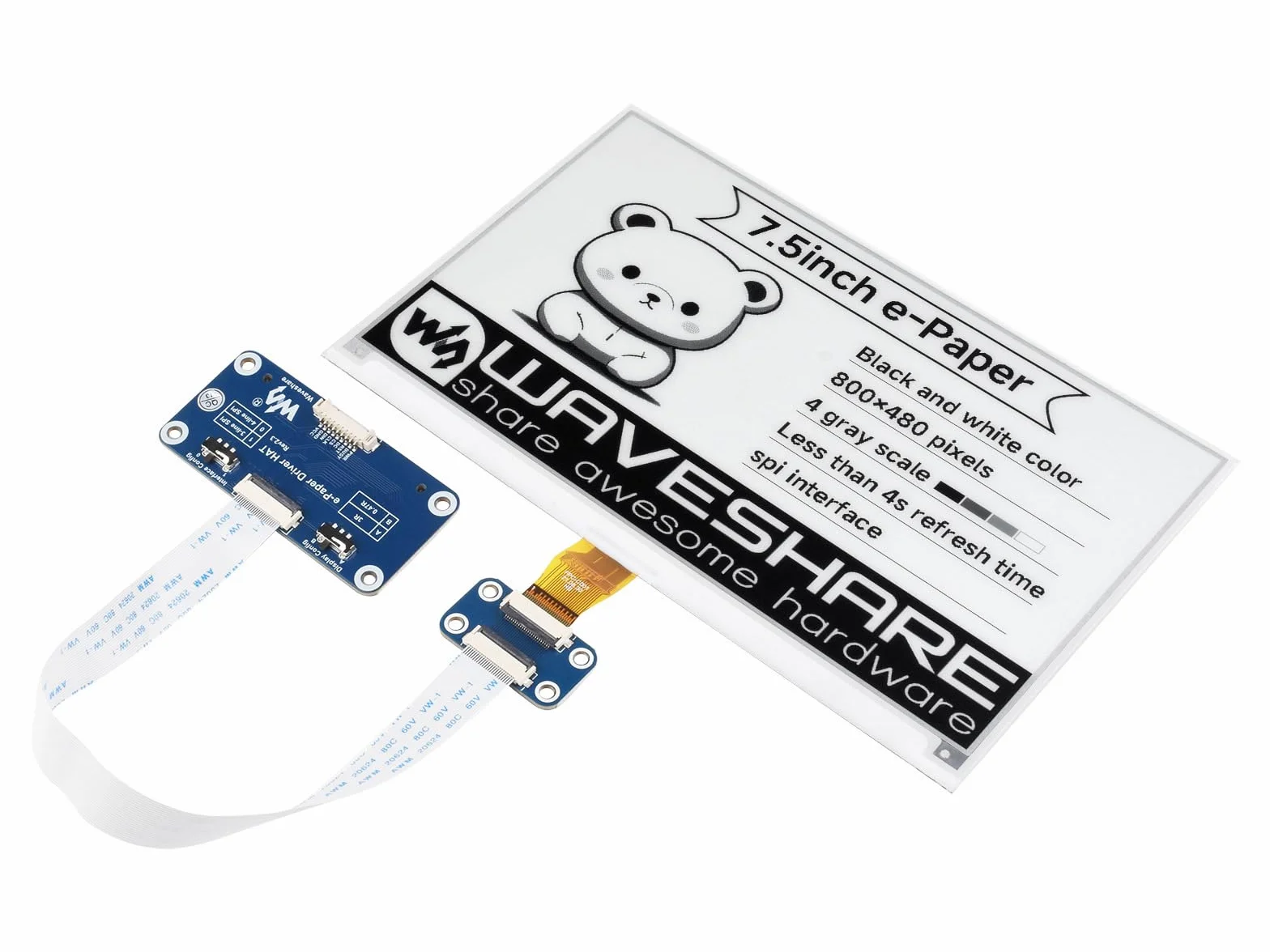 Waveshare 7.5 Inch E-Paper Display Hat Module V2 Kit 800x480 Resolution 3.3v/5v E-Ink Electronic Screen with Embedded Controller SPI Interface Compatible with Raspberry Pi/Jetson Nano/Arduino/STM32