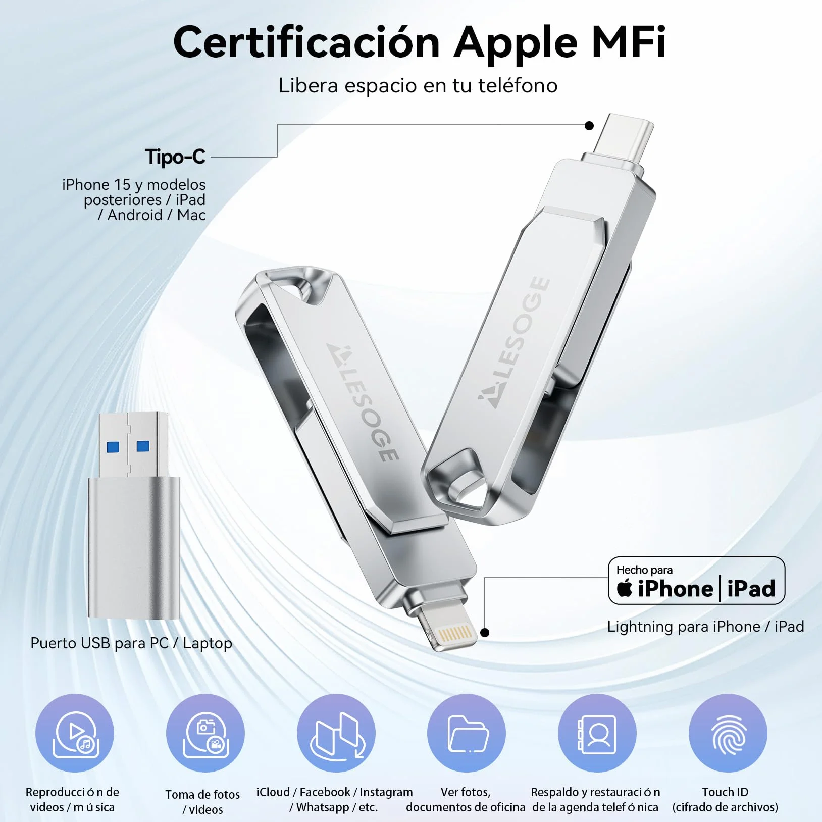 MFi – Memoria USB C 256GB para iPhone y Android, Memoria Externa iPhone 3 en 1, Memoria USB 3.0, pendrive USB-C para Fotos y vídeos (Plata)