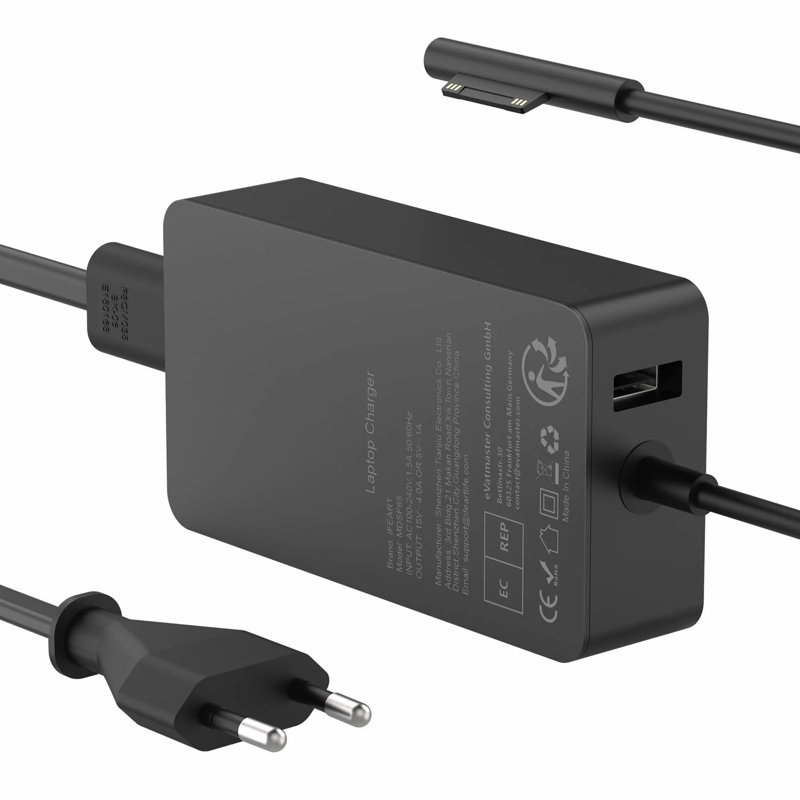 Cargador 65W 15V 4A Adaptador de Corriente para Microsoft Surface Pro 11/10/9/8/Pro 7/7+/6/5/ 4/3/X, Go 4/3/2/1, Surface Laptop 7/6/5/4/3/2, Book 3/2/1, con Puerto USB