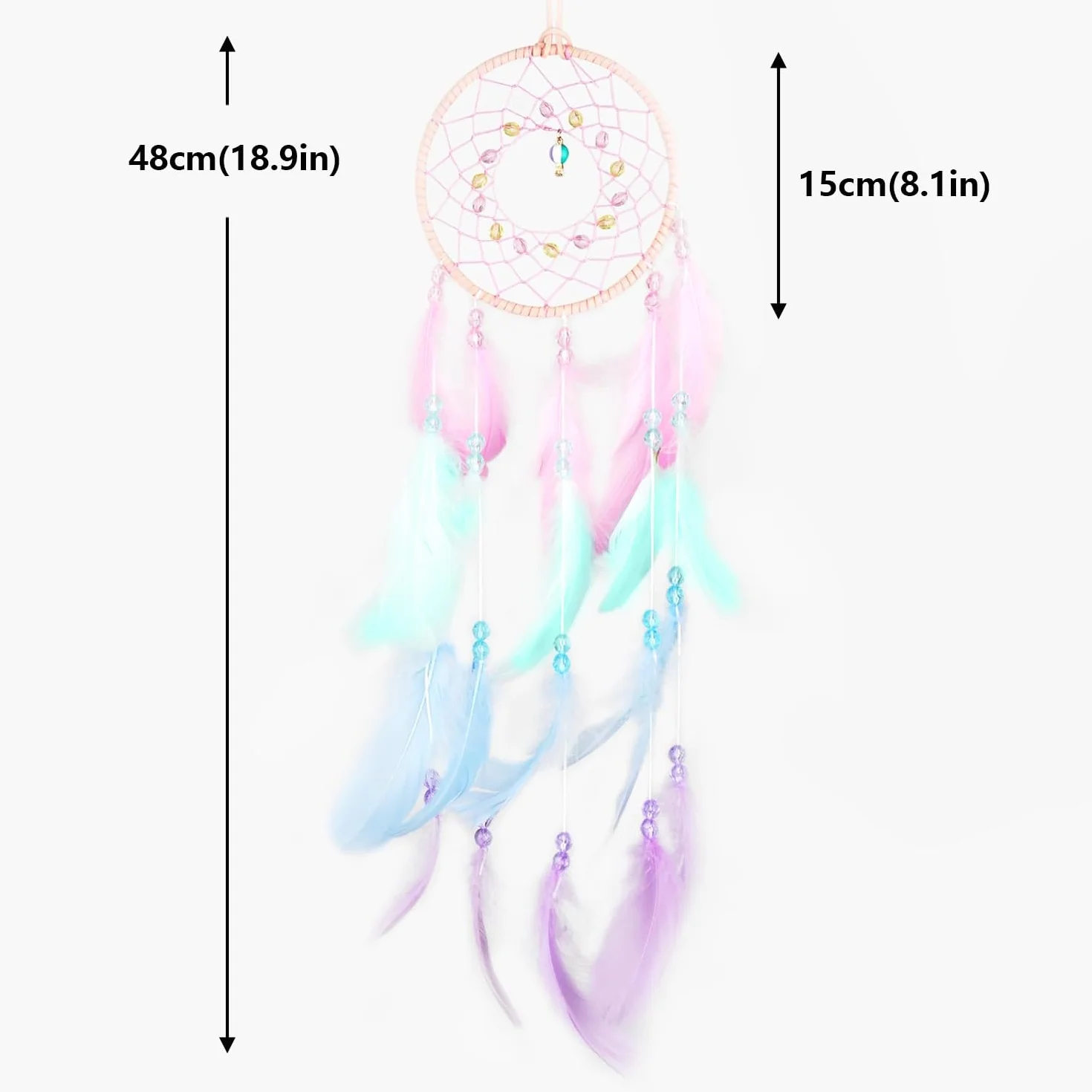 Atrapasueños Grande Hecho a Mano con Plumas y Cuentas de Colores Rosa