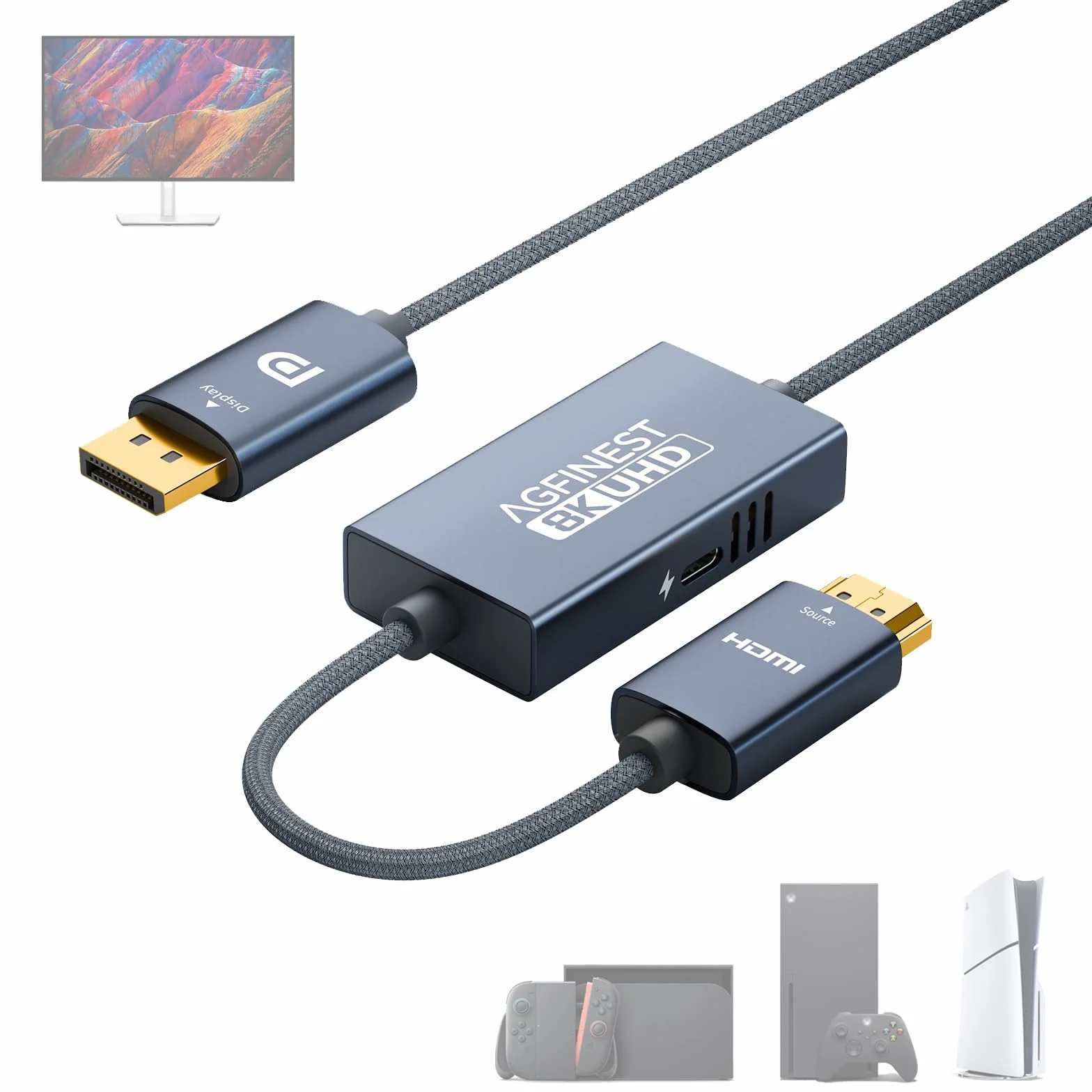 Cable HDMI activo a DisplayPort de 1 m, 8 K a 60 Hz, 4 K a 120 2 K a 240 Hz, unidireccional de fuente HDMI 2.1 a DP1.4, compatible con HDR VRR de 10 bits, compatible con PS5 Xbox Swith Dock PC