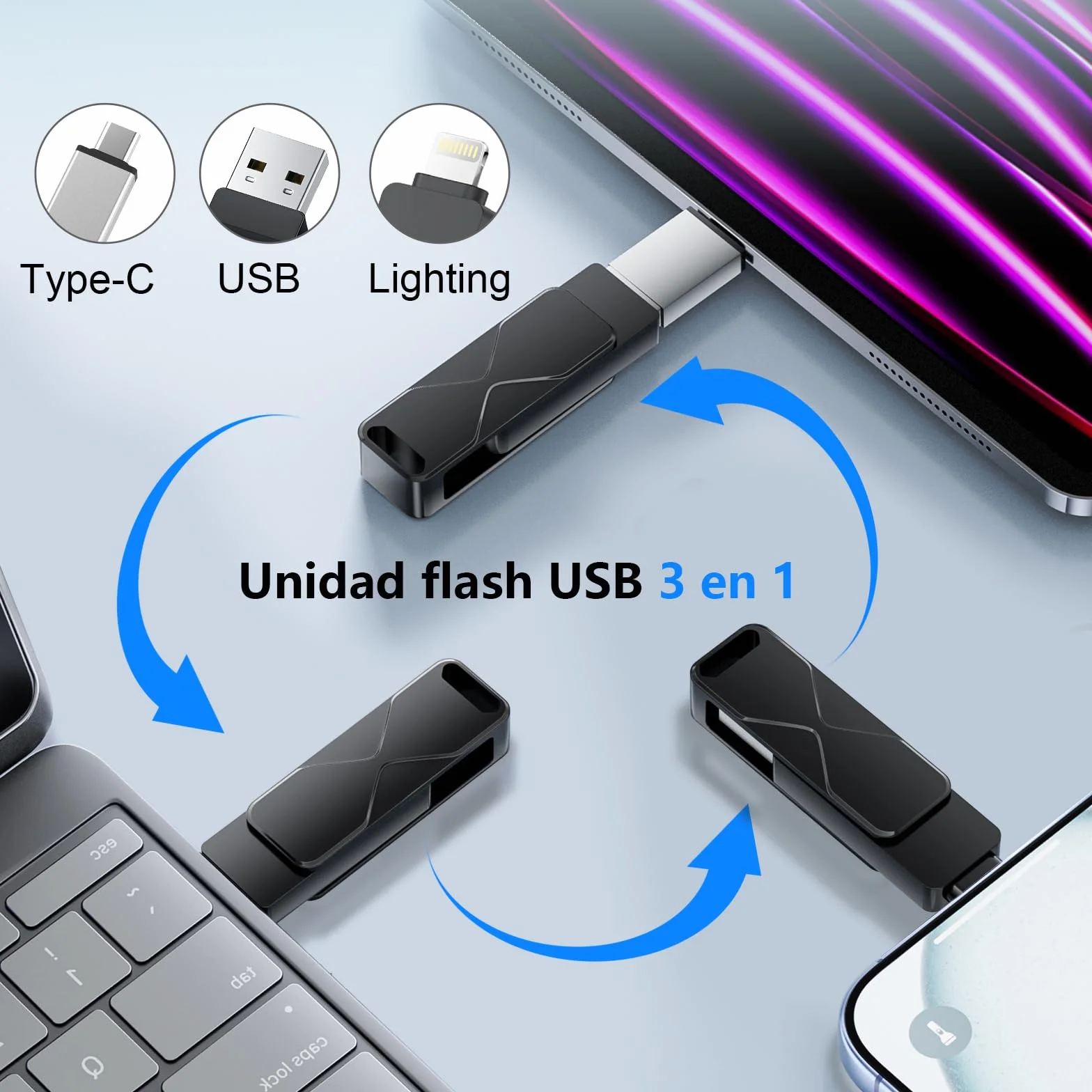 Memoria USB para iPhone, MFi Certificada, Memoria Externa Lightning, Pen Drive Lápiz USB 3 en 1 para iPhone, iPad, iOS, MacBook, Android, PC (Negro, 256GB)