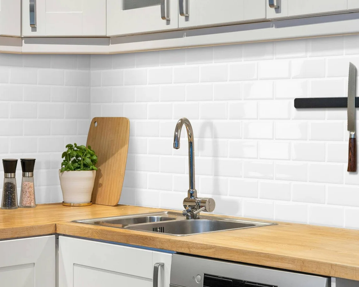 DEWOO Autoadhesivos Vinilo Baldosas Azulejos Adhesivos Pared Cocina Baño Metro Blanco 30.5x30.5cm