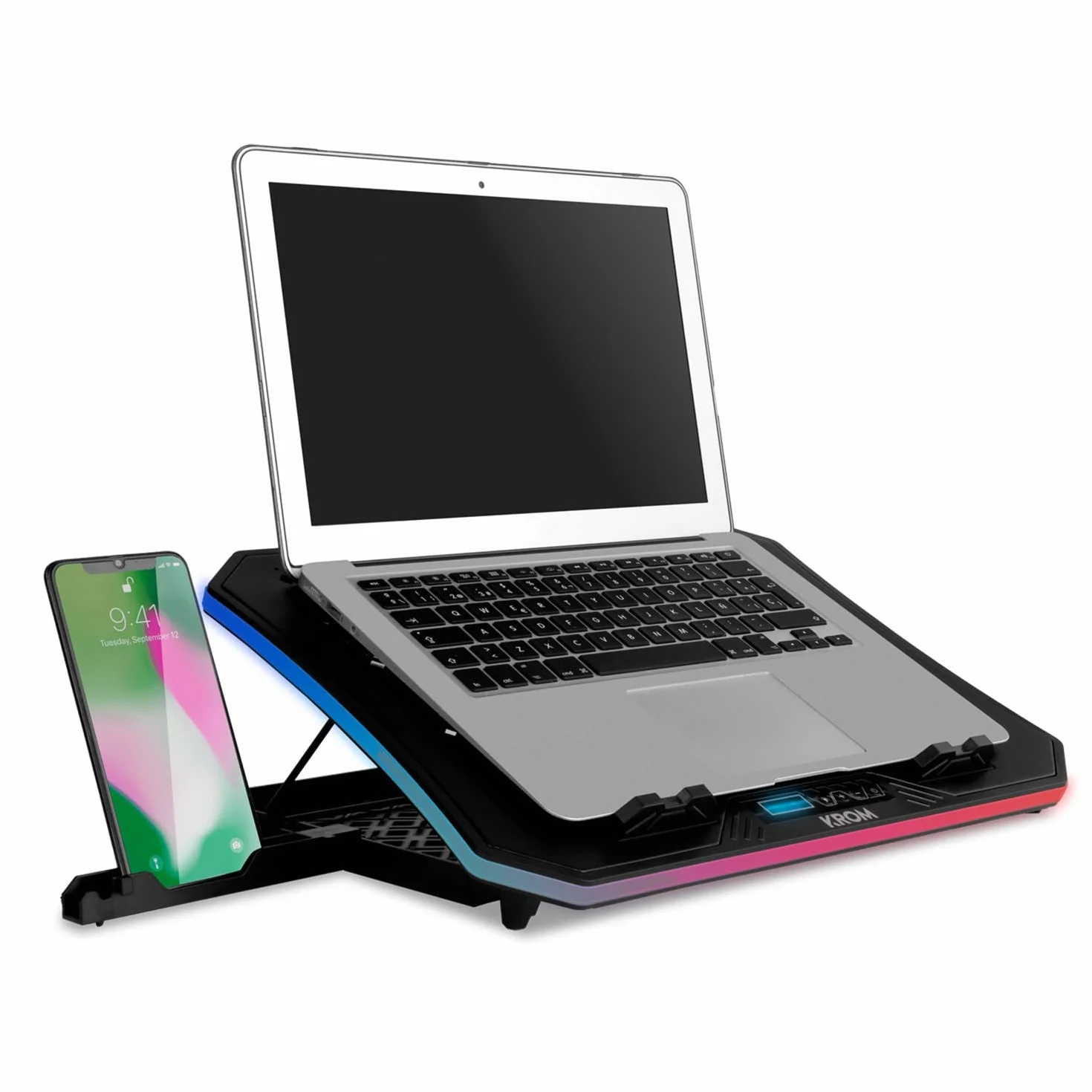 KROM KOOLER -NXKROMKOOLER- Base refrigeradora para portátiles hasta 19", 6 Ventiladores, RGB, Soporte para Smartphones, Display LCD y HUB USB, Color Negro