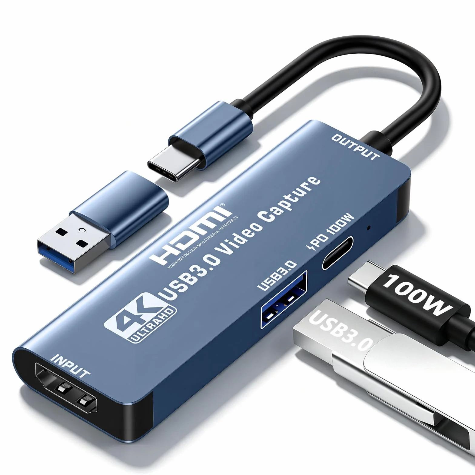 Dispositivo de captura de video con tarjeta de captura HDMI con conector dual USB/tipo C/PD de 100 W de carga/puerto OTG USB 3.0, adaptador de grabación de transmisión HDMI para Quest 3, Switch, PS5/4