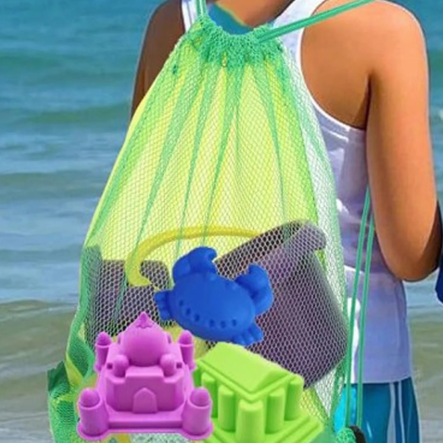 Bolsas de juguetes de playa para niños - Mochilas de malla con cordón para almacenamiento de arena, redes ligeras y duraderas