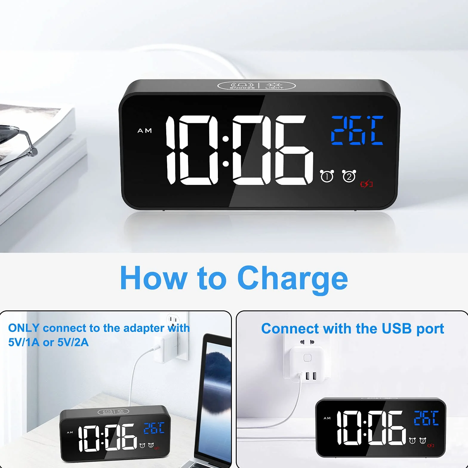 CHEREEKI Reloj Despertador Digital con Temperatura, Brillo Ajustable, Alarma Dual, Puerto USB