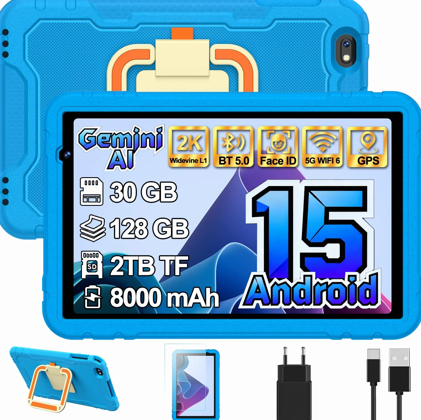 Tablet 10 Pulgadas Android 15 Gemini AI 30+128GB Octa-Core GPS WiFi 6 Widevine L1 8000mAh Control Parental Azul