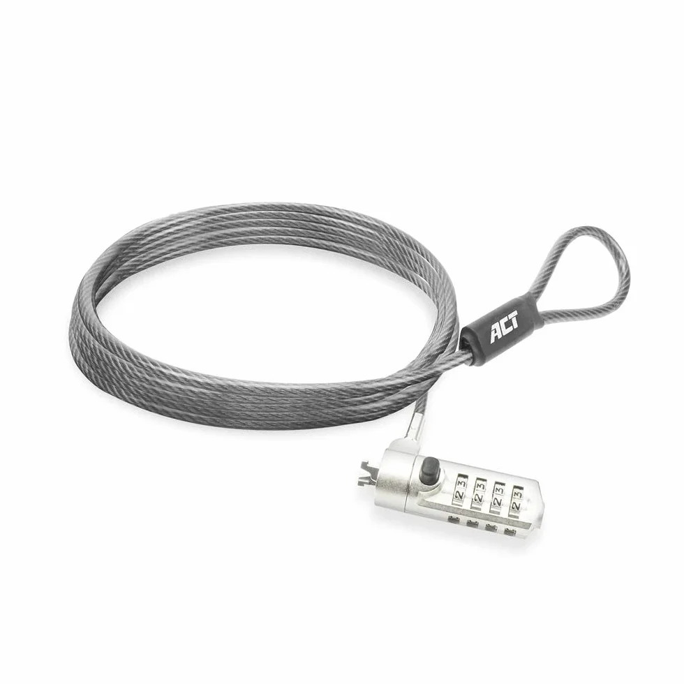 Act Cable de Seguridad para portátil de 2 m, protección con contraseña, Bloqueo de combinación de 4 dígitos, Cerradura de Ranura Nana, Cabezal de Bloqueo Giratorio, Cerradura para Laptop HP, Cable