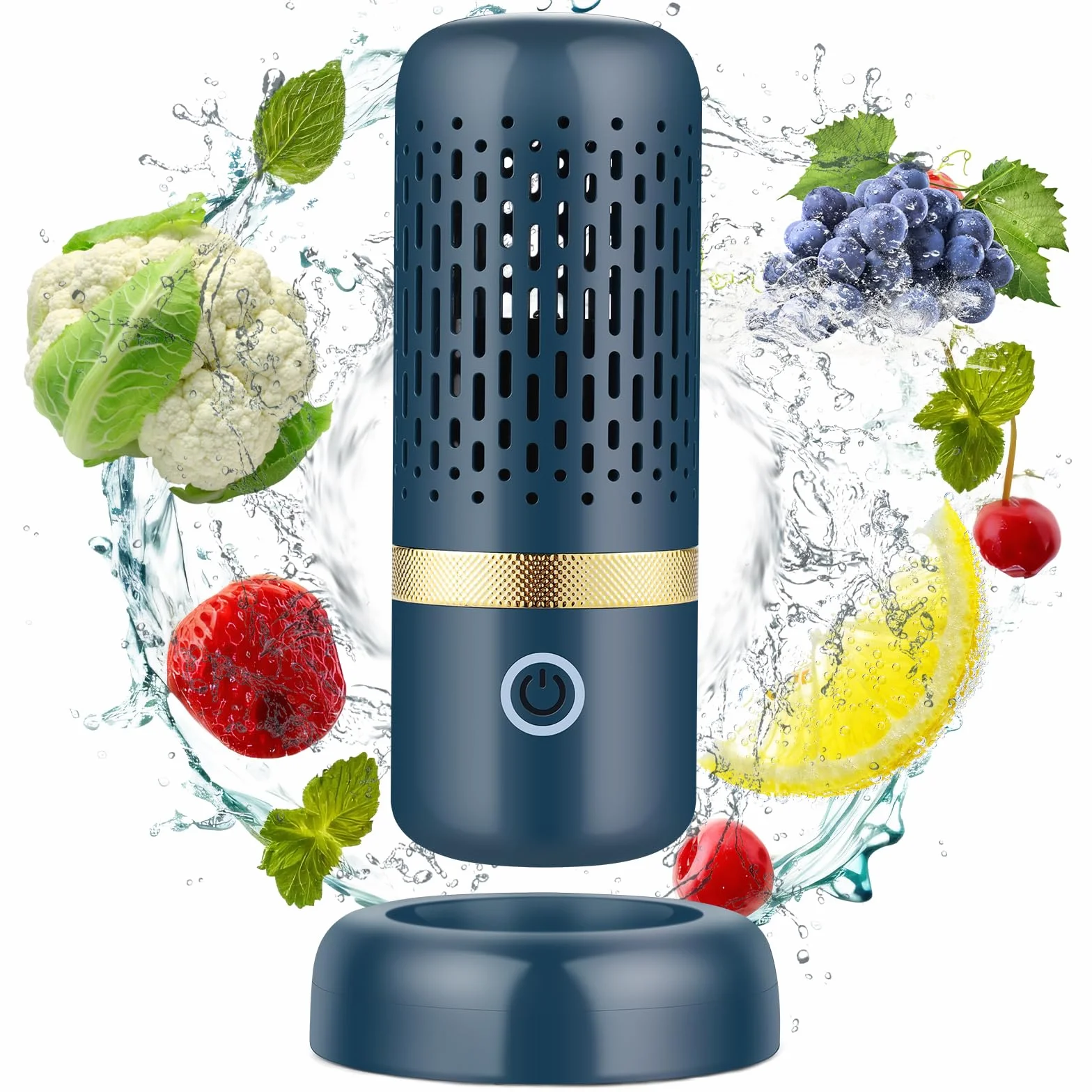Cudinham Lavadora purificadora de frutas y verduras, máquina de desinfección en forma de cápsula, tecnología de purificación de iones OH para limpiar frutas y verduras, arroz, carne (océano azul)