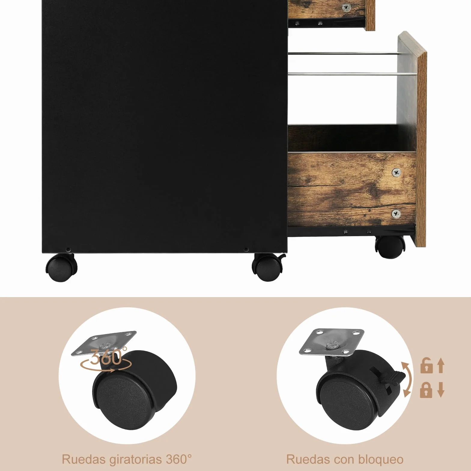 WOLTU Archivador Móvil 3 Cajones Cajonera 5 Ruedas Roble Marrón Negro 40x40x71.5 cm