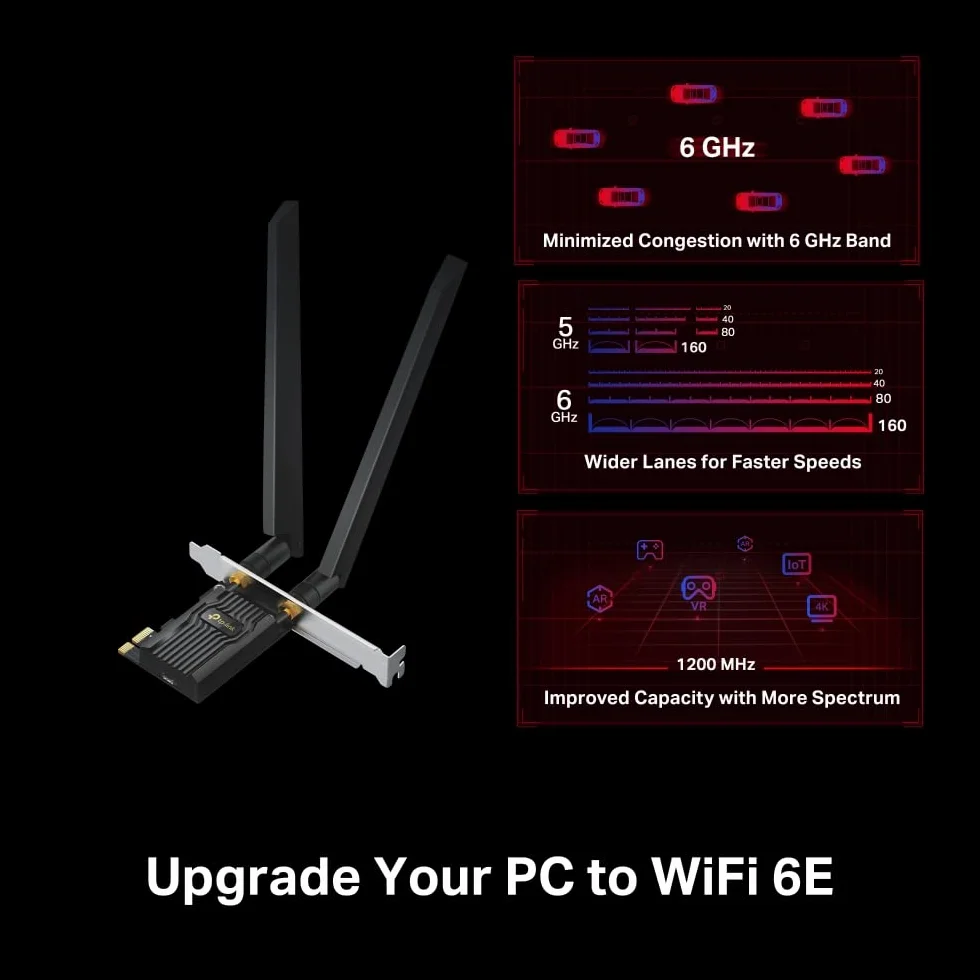 TP-Link Archer TXE72E - Tarjeta PCIe WiFi 6E AXE5400 Mbps con Bluetooth 5.3 para PC, Triple Banda (2.4G/5G/6GHz), Antenas de Alta Ganancia, Compatible Windows 11/10, WPA3