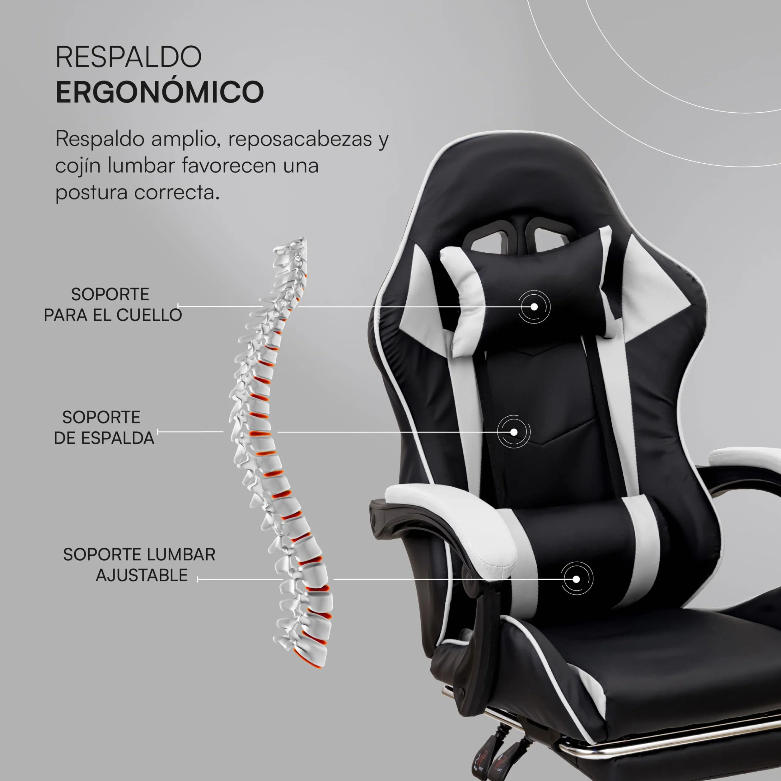 Baroni Home Silla Gaming Ergonómica Inclinable Altura Regulable, Soporte Lumbar, Reposacabezas Acolchado, Reposapiés Extraíble, Blanco, 58x66x114-124 cm