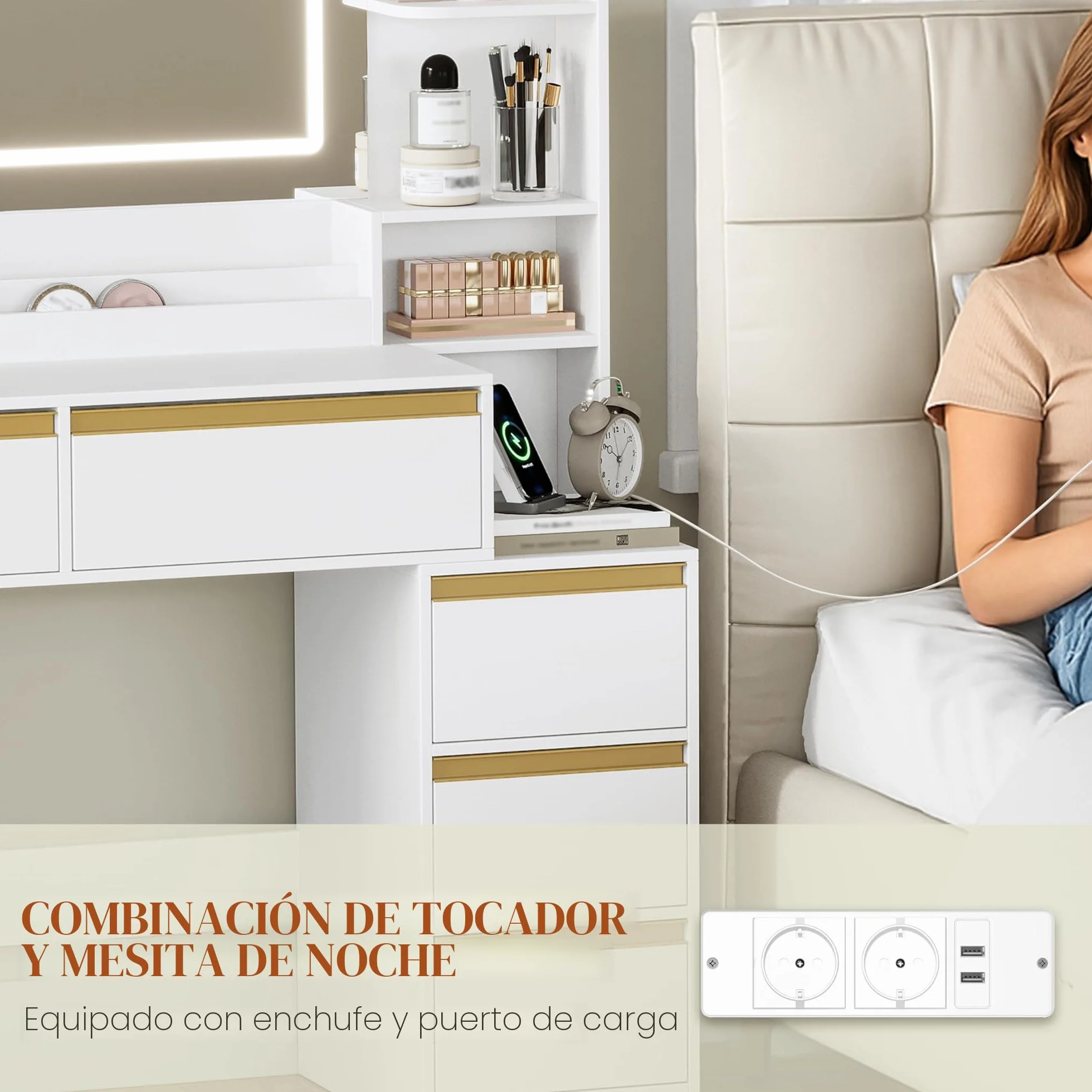 Tocador de Maquillaje con Luz LED, 135 cm, 8 Cajones, Blanco-Dorado