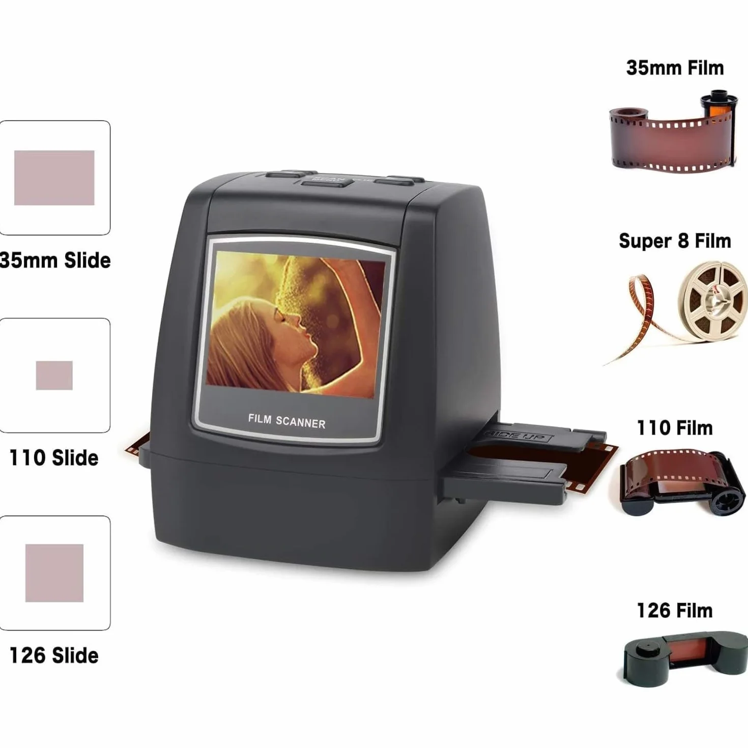 Escáner de películas Digitales, Escáner de Diapositivas y Negativos Convierte Negativos y Diapositivas de película de 35 mm, 126, 110, Super 8 y 8 mm a imágenes JPEG, Negro