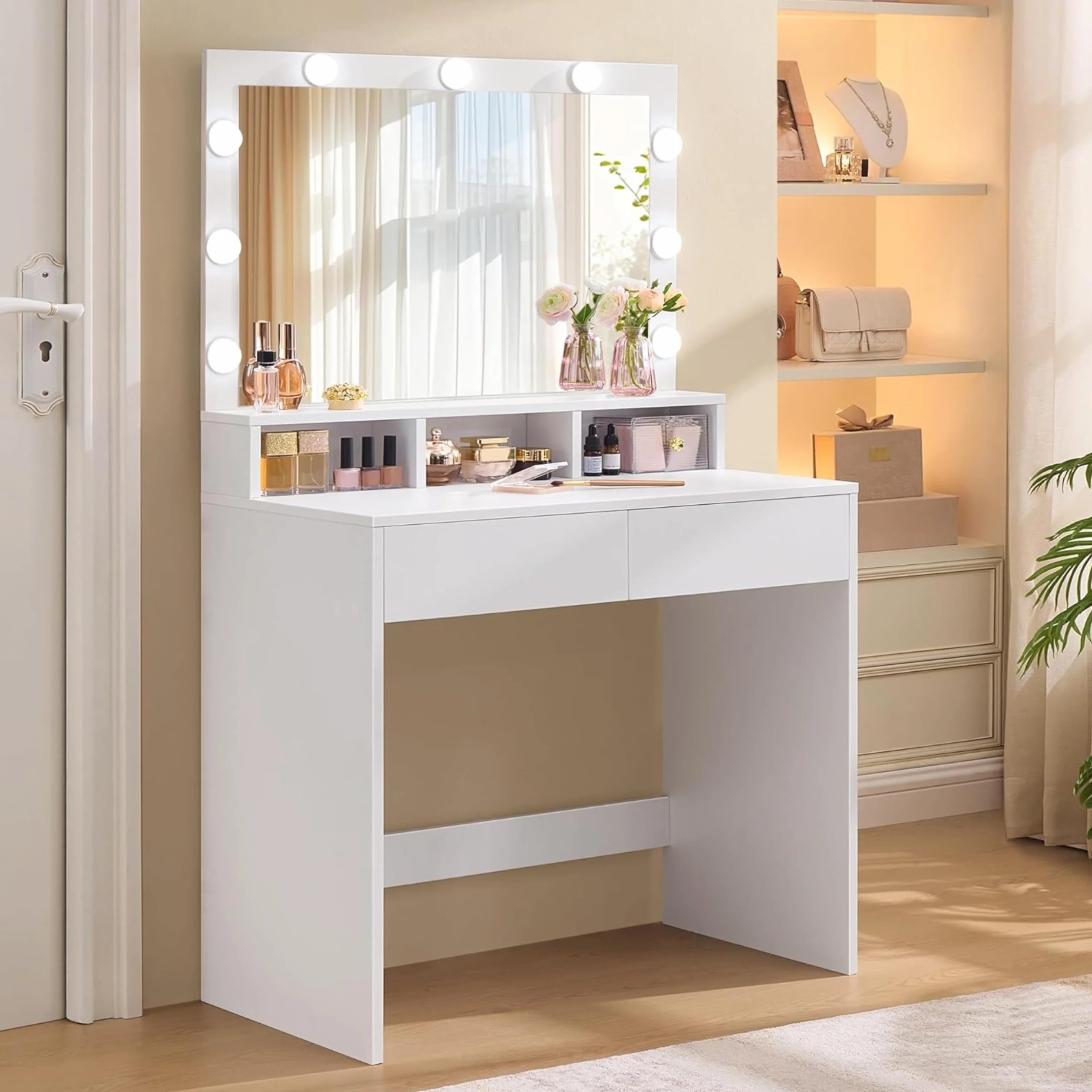 VASAGLE KAILYN Tocador Mesa de Maquillaje con Espejo Luces LED Brillo Ajustable 2 Cajones 3 Compartimentos Blanco Nube