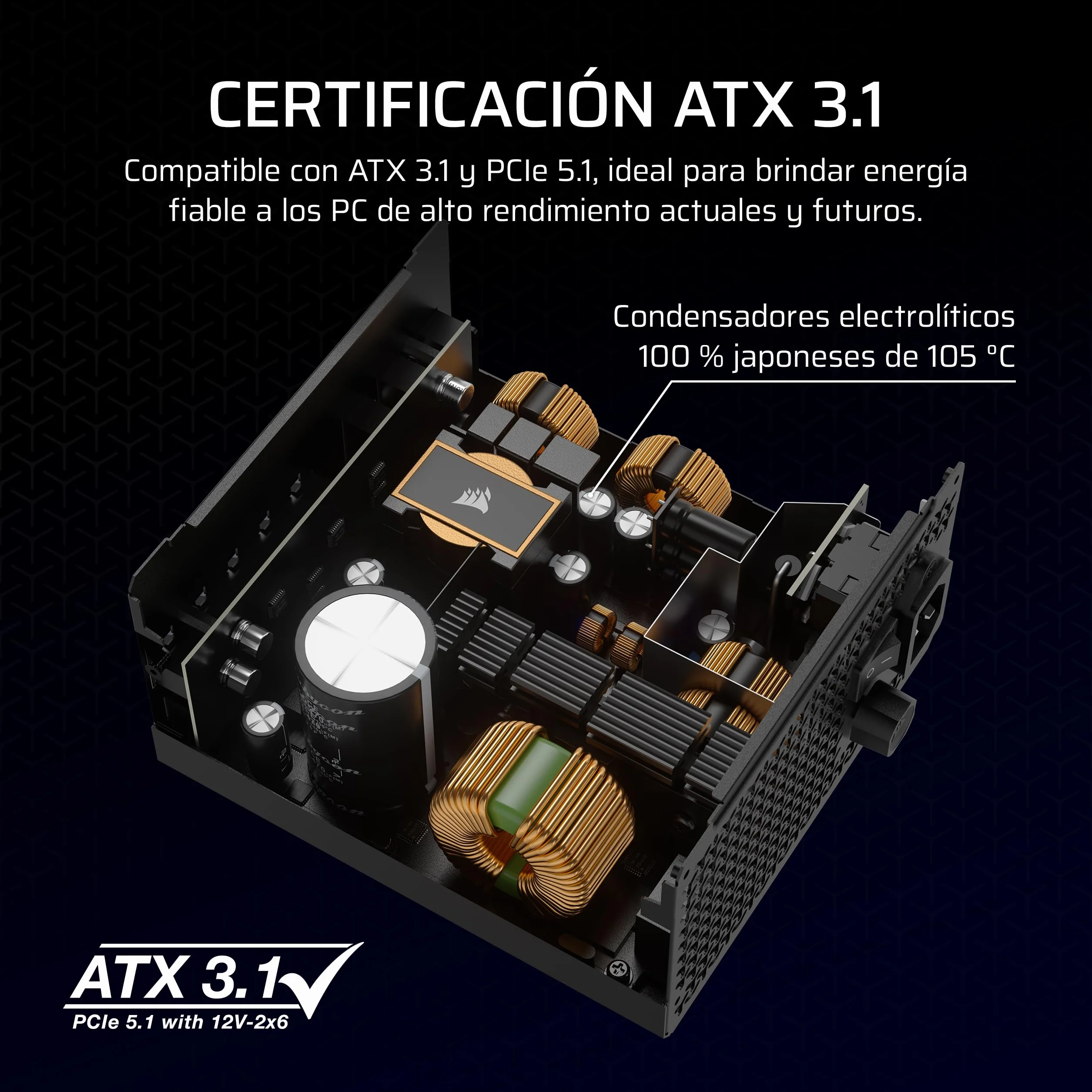 CORSAIR RM850x Fuente de Alimentación ATX Totalmente Modular de Bajo Ruido – Compatible con ATX 3.1 & PCIe 5.1 – Eficiencia Cybenetics Gold – Conector 12V–2x6 Nativo – Negro