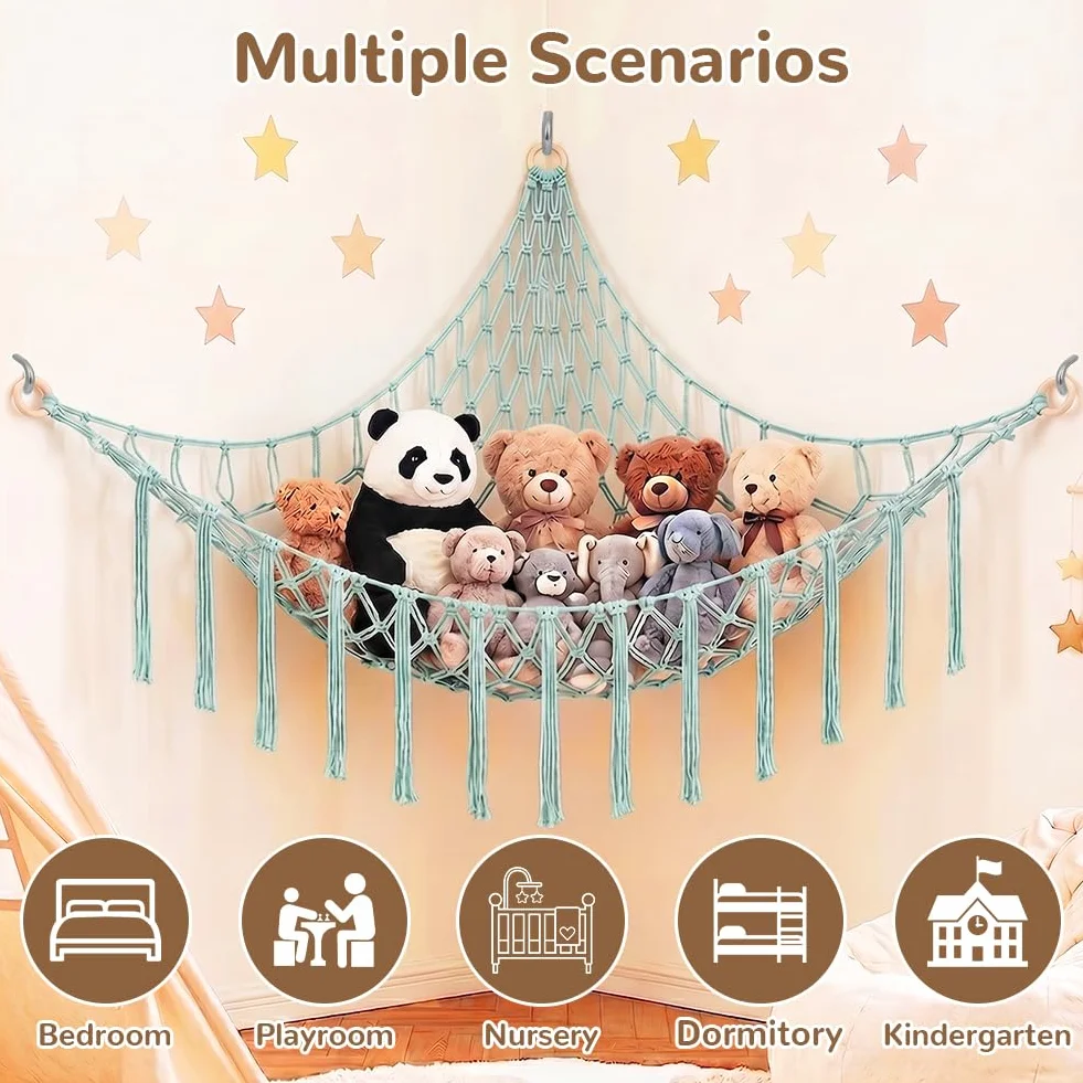 AUAUY Red de Almacenamiento de Peluche con Luces LED, Hamaca Boho Grande, Colgante Decoración Habitación Infantil Azul