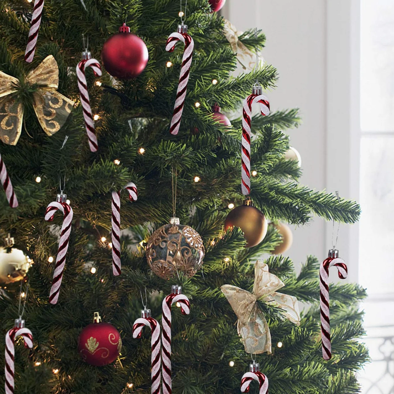 GWHOLE Colgantes de Árbol de Navidad 12pcs Bastones Caramelo Decoraciones Adornos Navideños - Rojo y Blanco