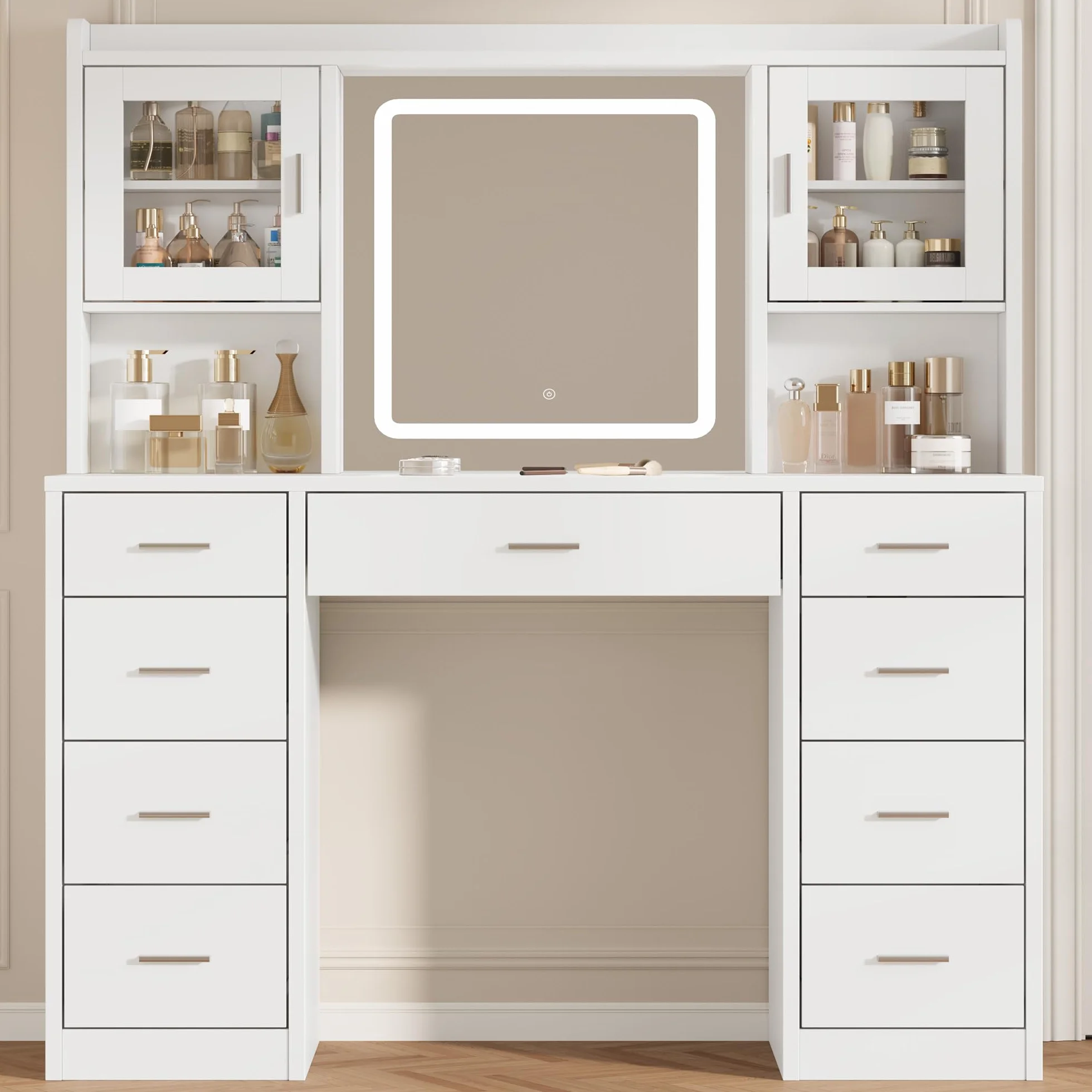 Tocador de Maquillaje con Luces LED Regulables, Mesa con Espejo, 2 Armarios Puertas Cristal, Blanco, 9 Cajones