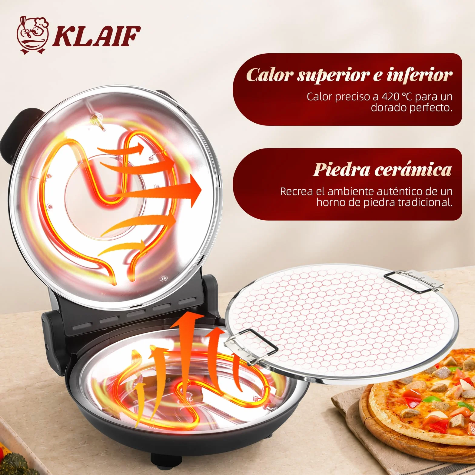 KLAIF Horno Eléctrico para Pizza 420 °C, 1200 W, Piedra de Cerámica 31 cm, Calor Regulable, Compacto, LM-negro