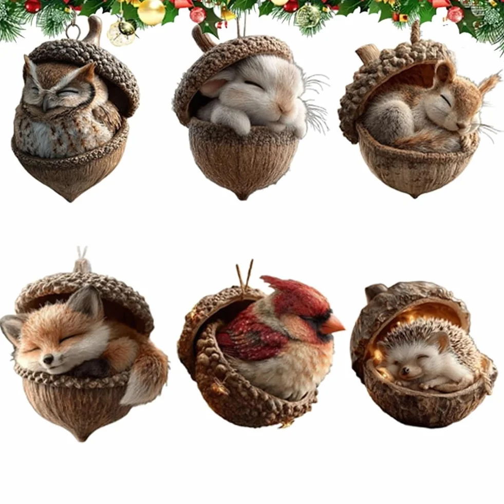 Adornos Navideños de Bellotas con Animales del Bosque 2D Acrílicos