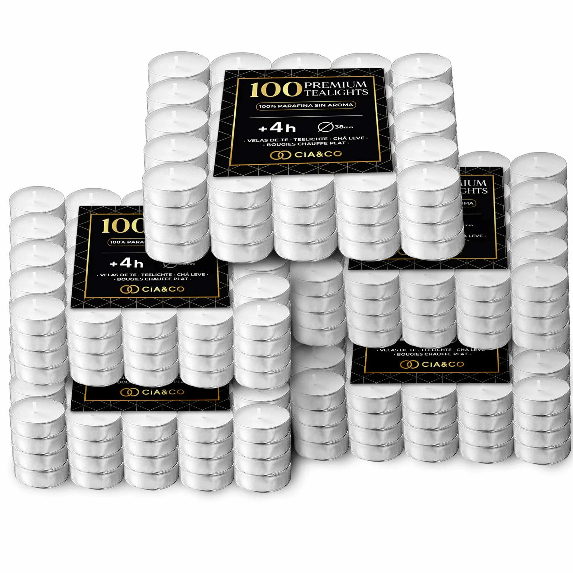 Pack Cia&Co 500 Velas de te 4 Horas. Velas Blancas Redondas sin Aroma y 100% Parafina. Diámetro 38 mm, Ideal Hostelería Sin Olor