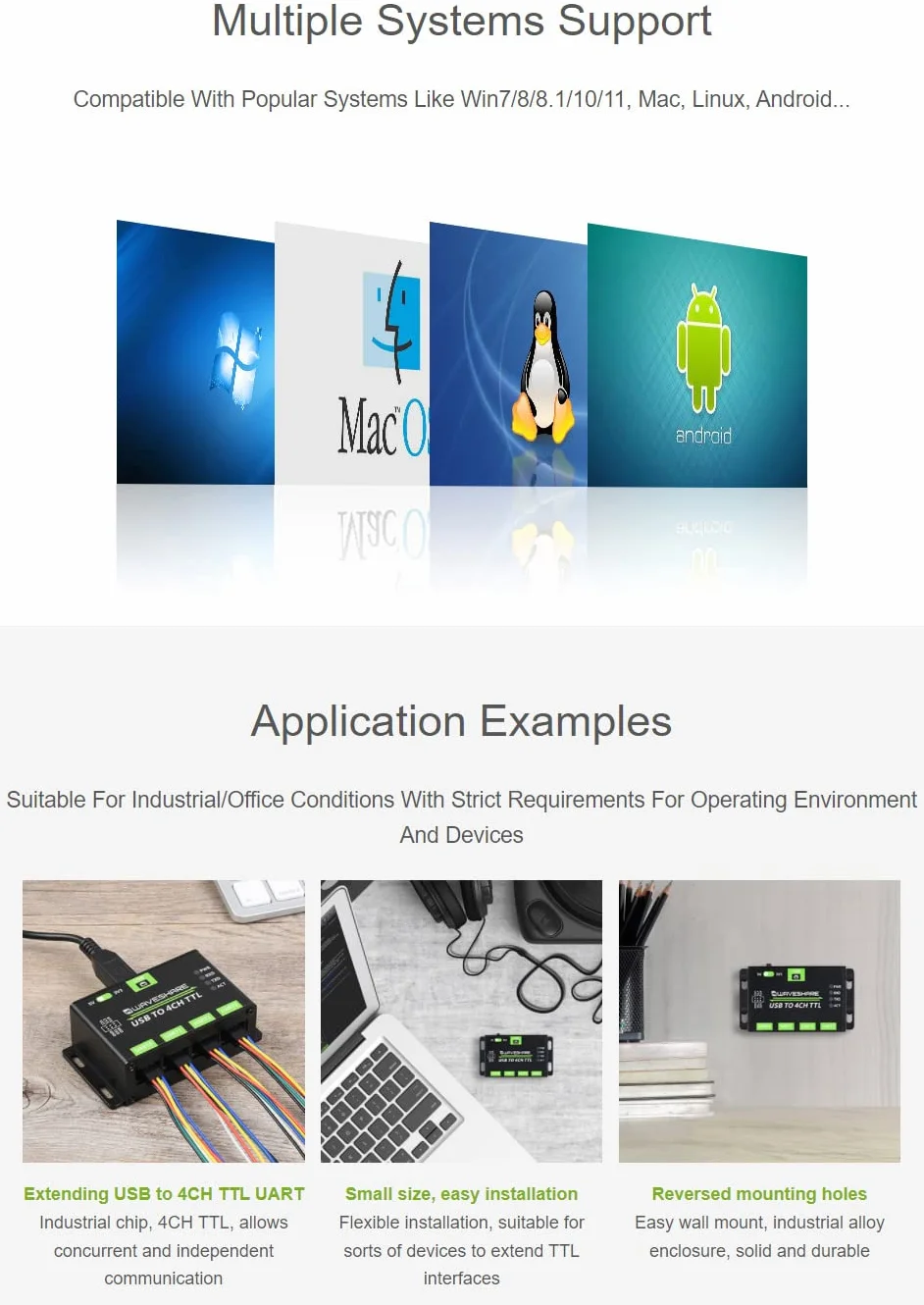 Waveshare Industrial USB to 4CH TTL Converter USB to UART with Multi Protection Circuits Multi Systems Support