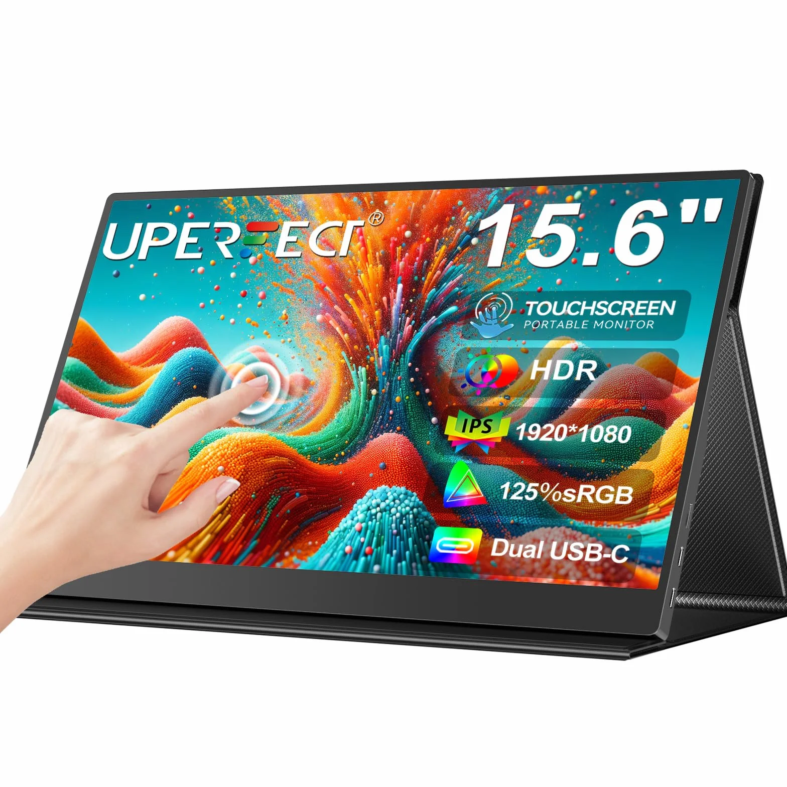 UPERFECT Monitor Portátil Táctil 15.6" 125% sRGB Portable Monitor de Viaje Mate 2000:1 Contraste FHD EyeCare Bolsa Multifuncional de Cuero, Pantalla Portátil para Laptop/PC/Teléfono/Game Console