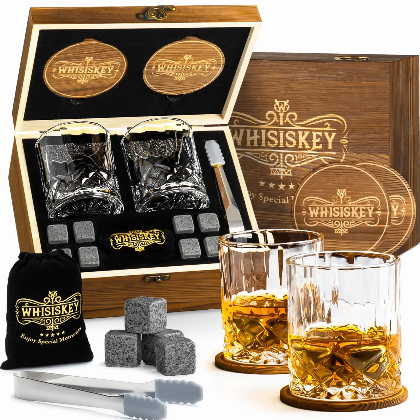 Set de Vasos de Whisky 310ML con Cubitos de Hielo Reutilizables, Caja de Regalo Original para Hombres