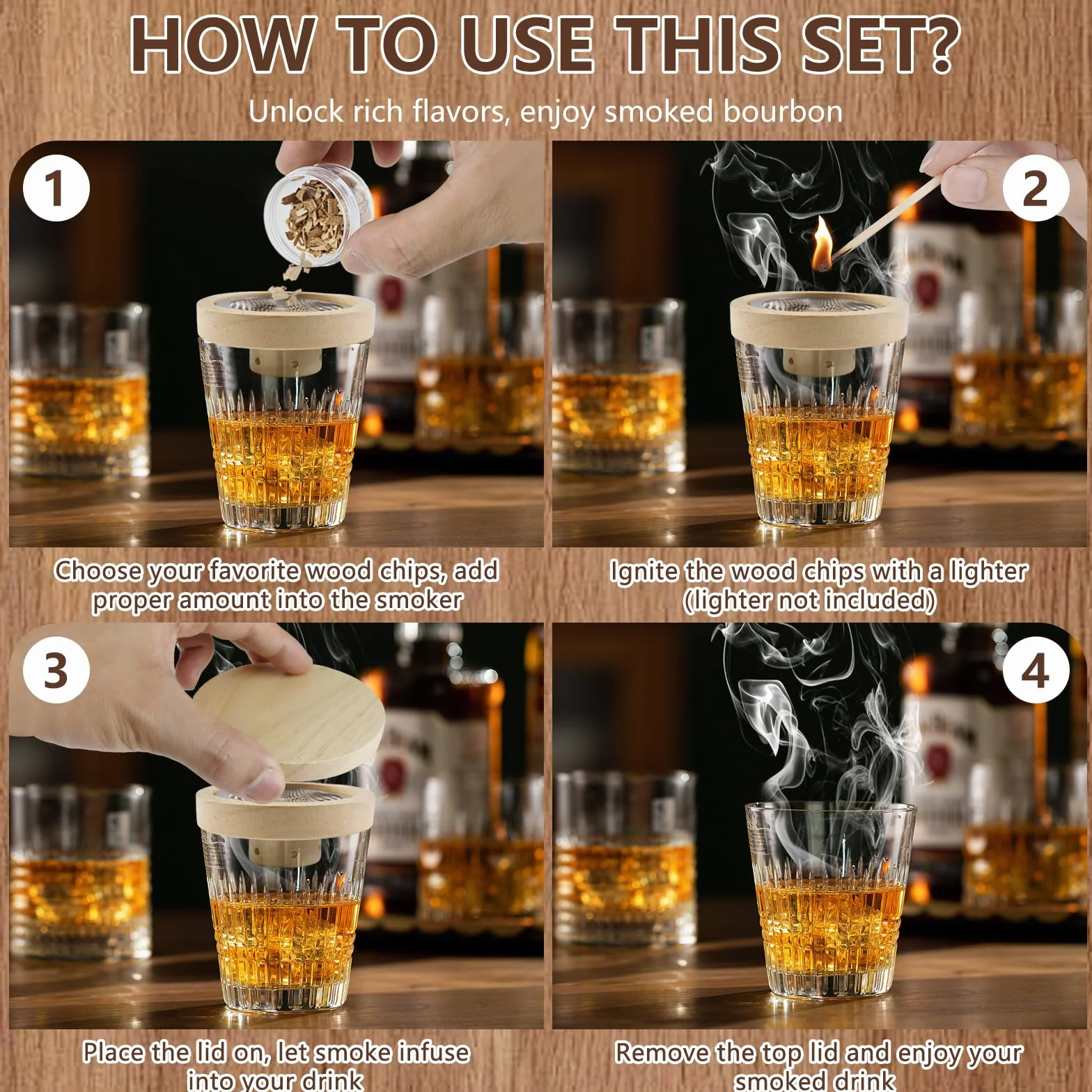Kit de Ahumador de Cócteles, Whisky Ahumador con 5 Sabores de Madera, Generador de Humo para Cócteles