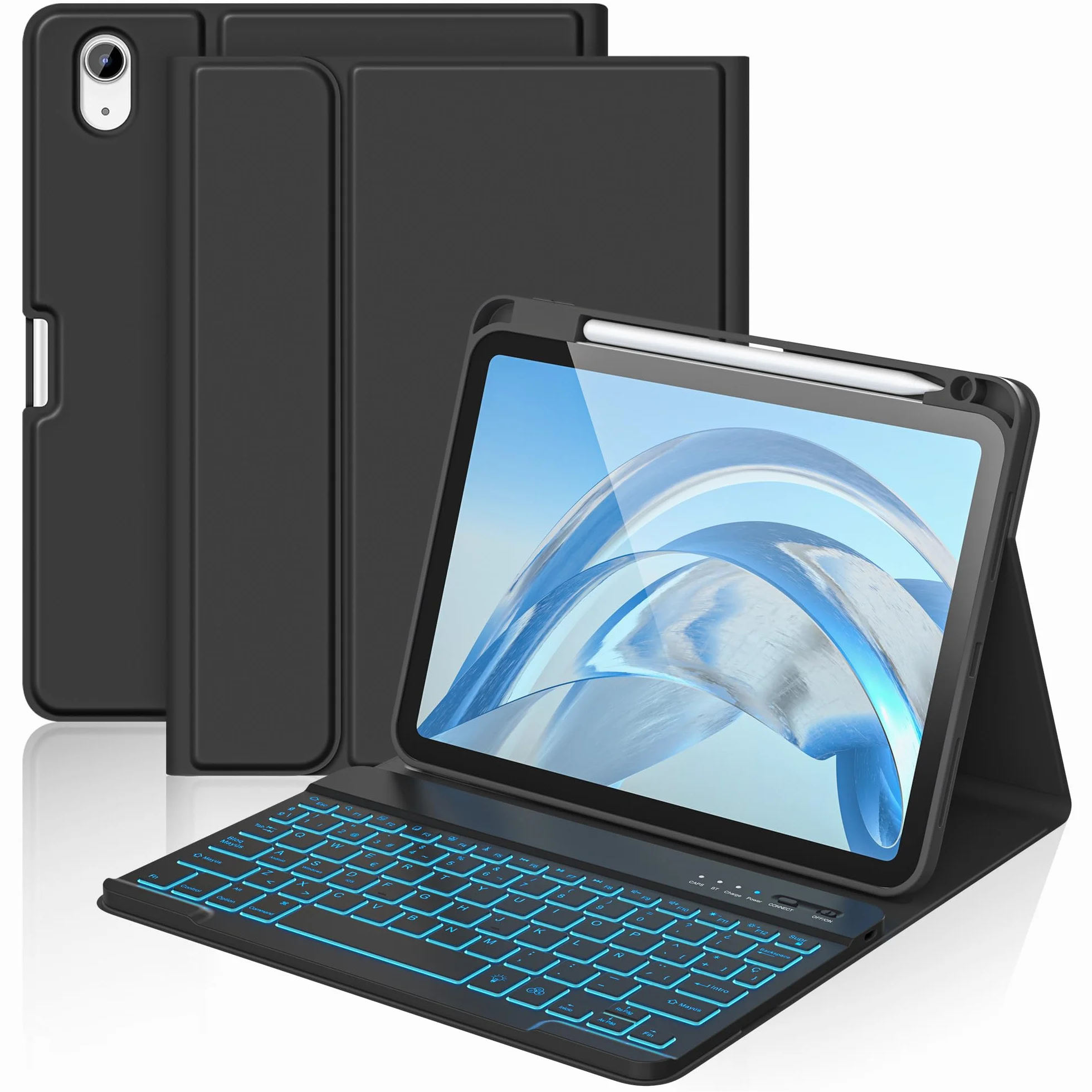 aMZCaSE para iPad A16 10/11th Generation Funda con Teclado 11/10.9 Inch(2025/2022),Funda con Retroiluminado de 7 Colores con Teclado Inalámbrico Desmontable con Soporte para Bolígrafo (Negro)