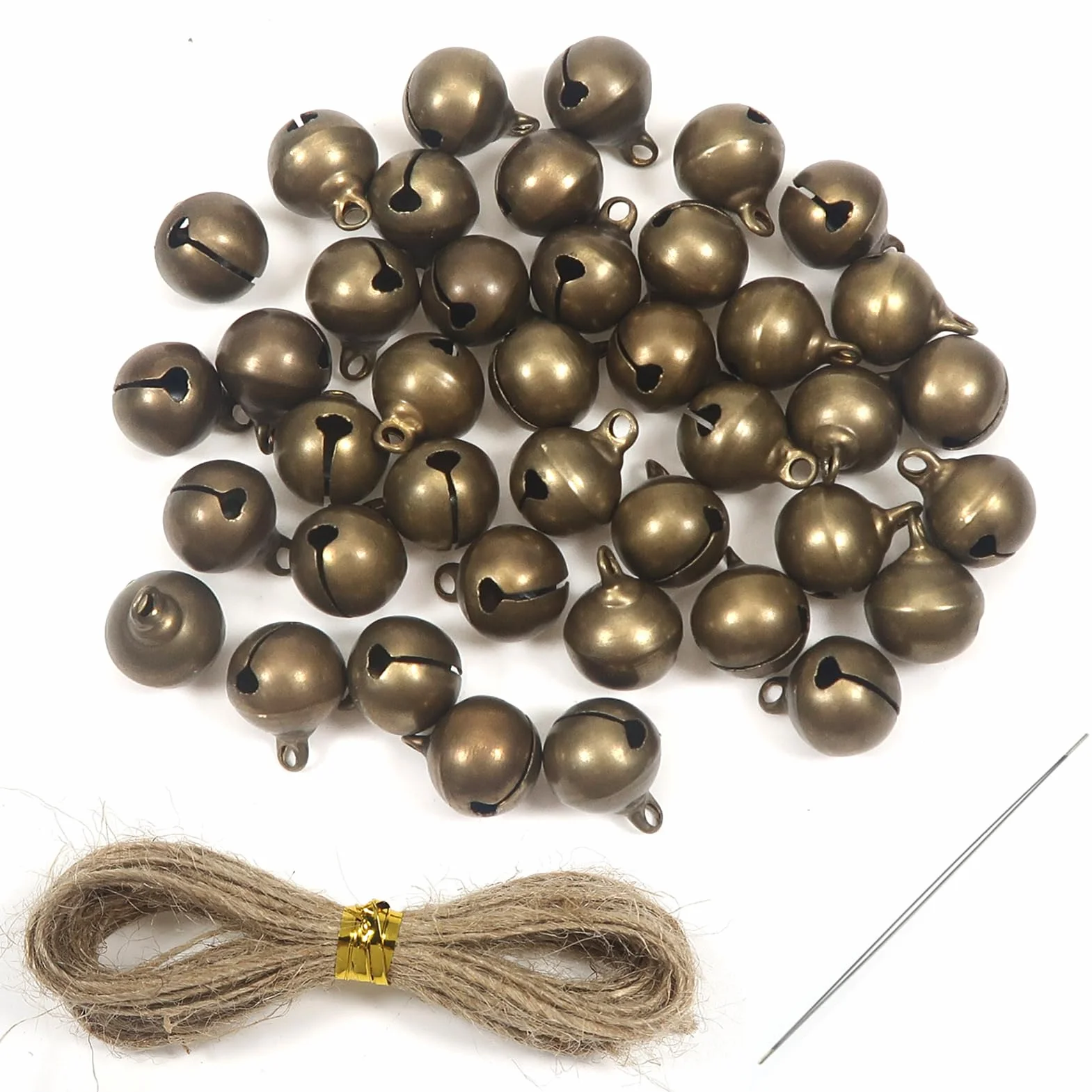 TOAOB 40 Piezas Cascabeles de Bronce Antiguo 12 mm con Cuerda de Cáñamo 5 m para Decoración Creativa