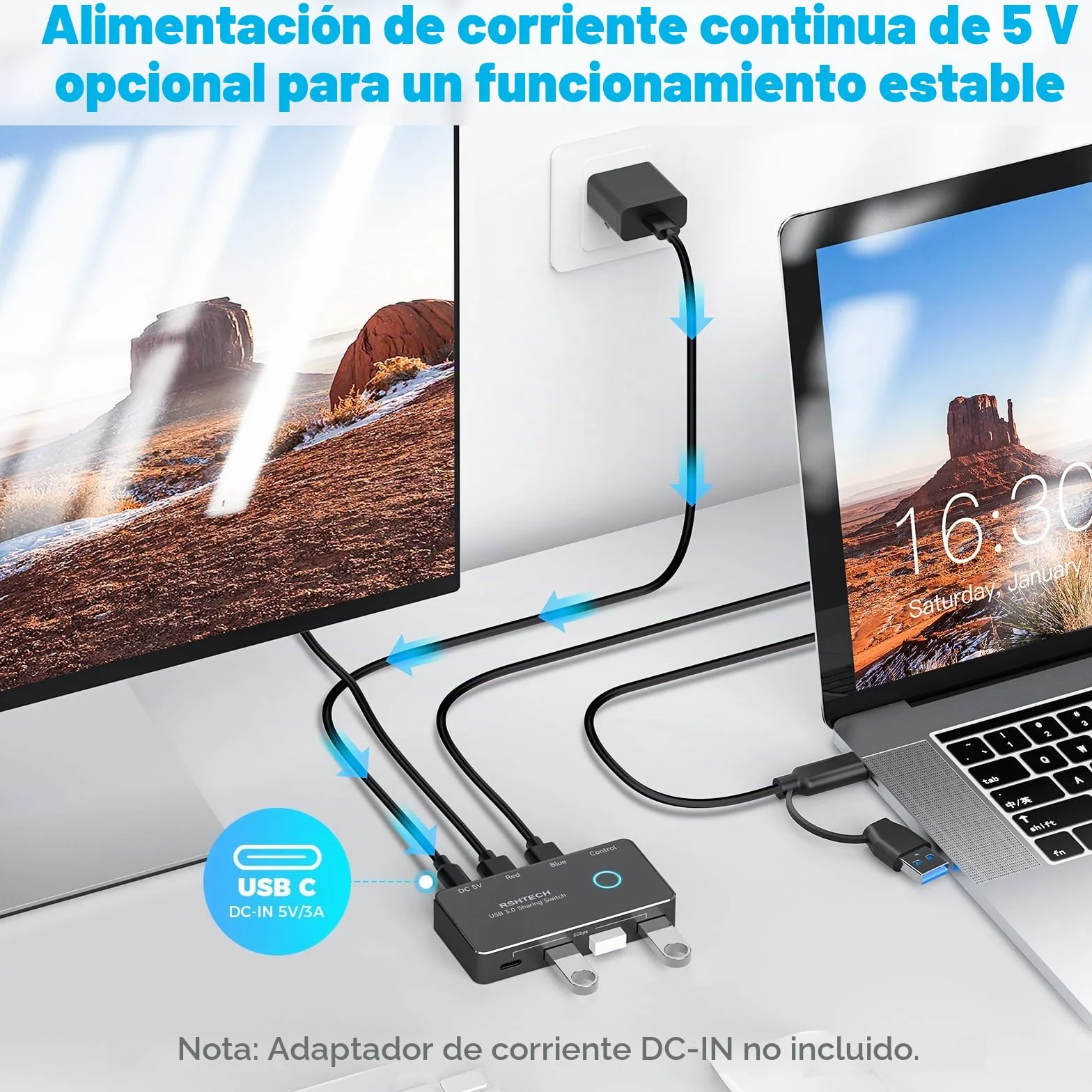 RSHTECH Switch USB 3.0/USB-C para 2 Computadoras Que Comparten 4 Puertos de Datos USB 3.0 (1C+3A), Selector Conmutador USB con 2 Cables y Control Remoto para PC, Portátil, Teclado, Ratón e Impresora