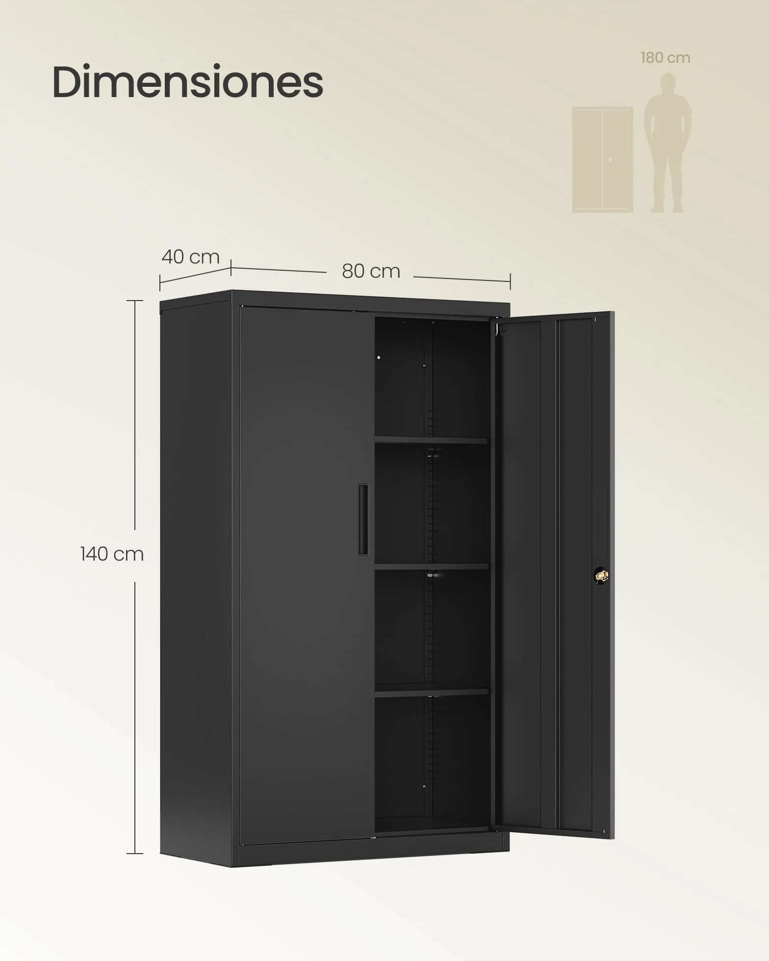 SONGMICS Armario Archivador Metálico 2 Puertas con Cerradura 80x40x140 cm Negro Mate