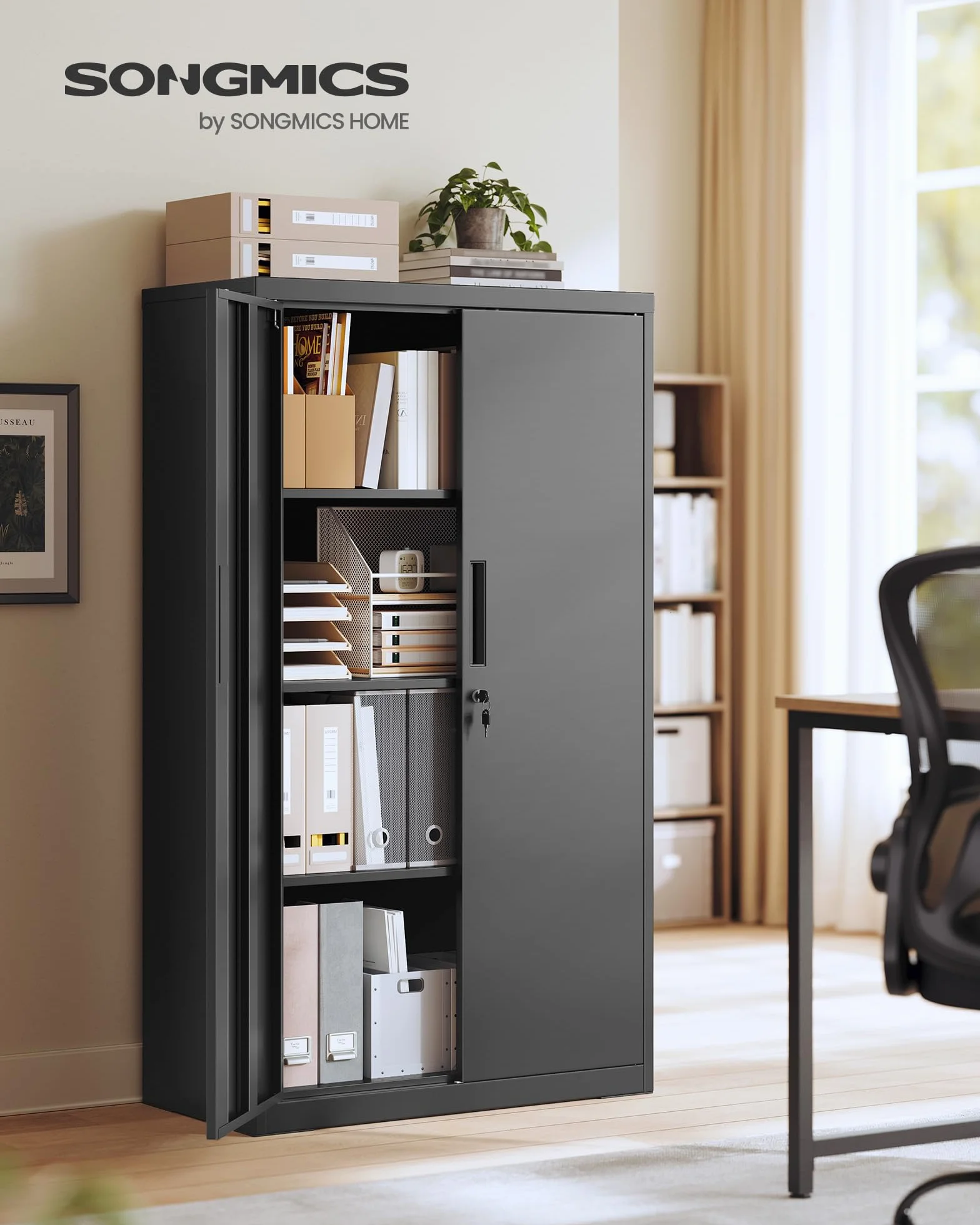SONGMICS Armario Archivador Metálico 2 Puertas con Cerradura 80x40x140 cm Negro Mate