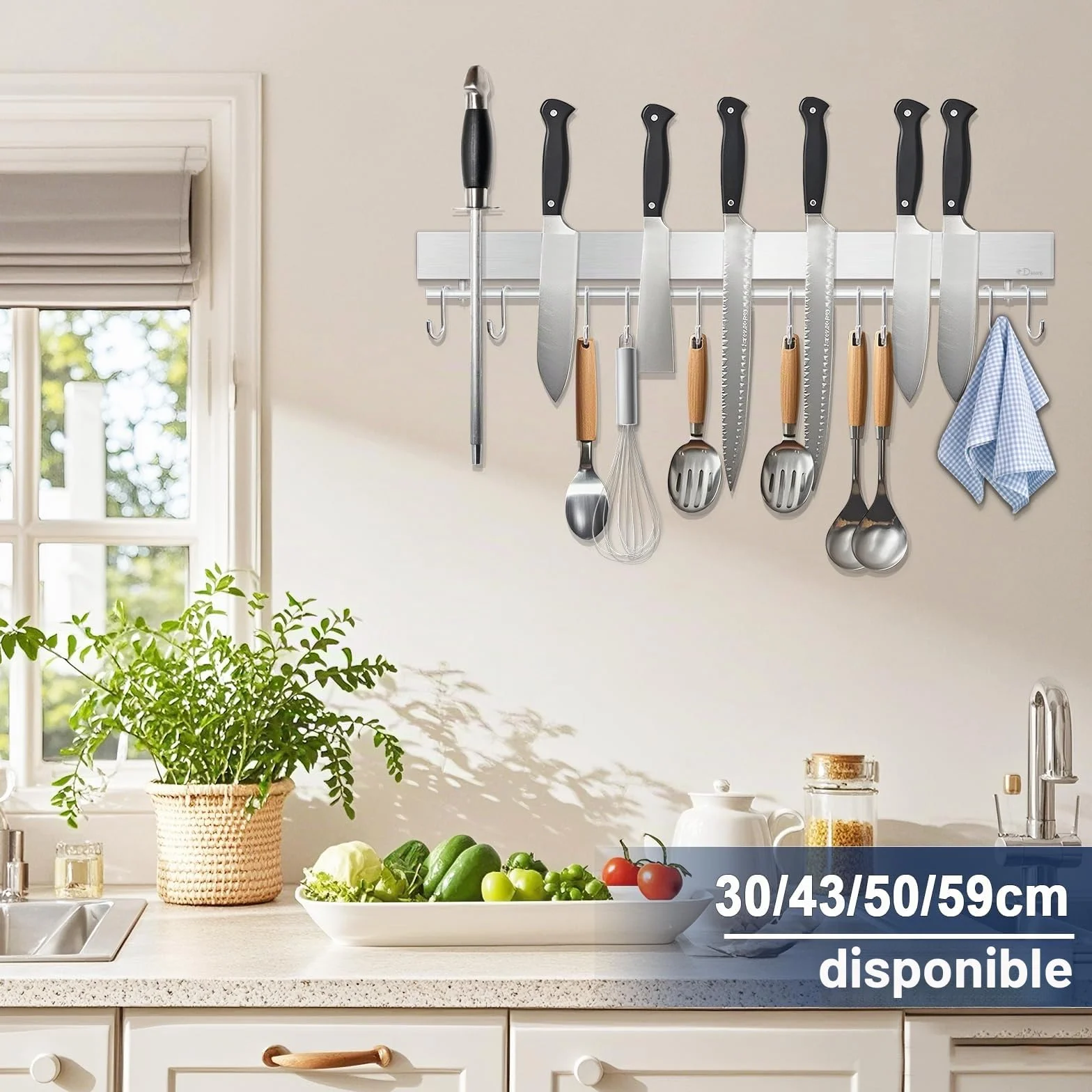 Barra magnética para cuchillos 43 cm acero inoxidable imán extrafuerte 10 ganchos