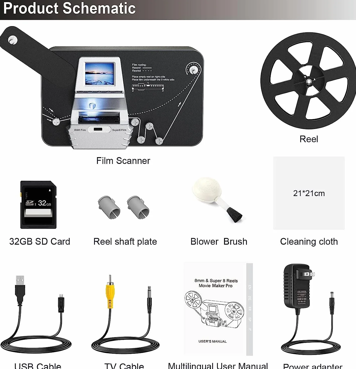 Escáner de películas Super 8/Normal 8 mm, Convert Film into Digital Video (3, 5, 7 y 9 "Rollo de película) Escáner y Digitalizador de películas con LCD de 2,4", 1080P y tarjeta SD de 32 GB