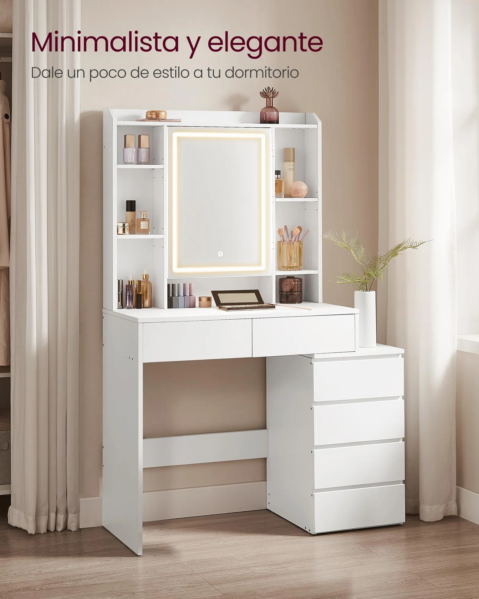 VASAGLE Kailyn Colección Tocador con Luces LED Mesa de Maquillaje con Espejo 40 x 97,5 x 145 cm Blanco Nube