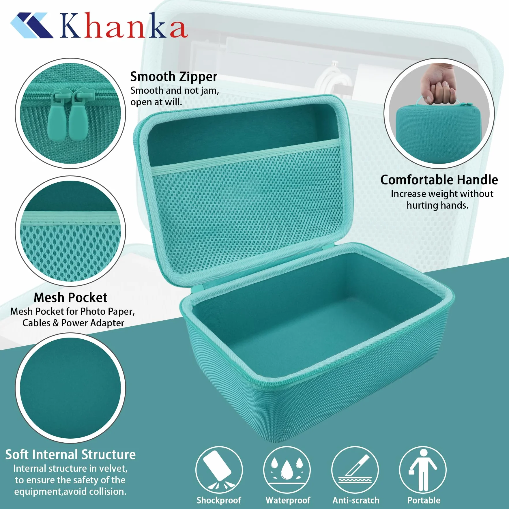 Khanka para Liene Impresora Fotográfica 10 X 15 Estuche rígido con Bolsillo de Malla para Accesorios Liene DHP513 4x6'', Solo Estuche (Azul Tiffany)