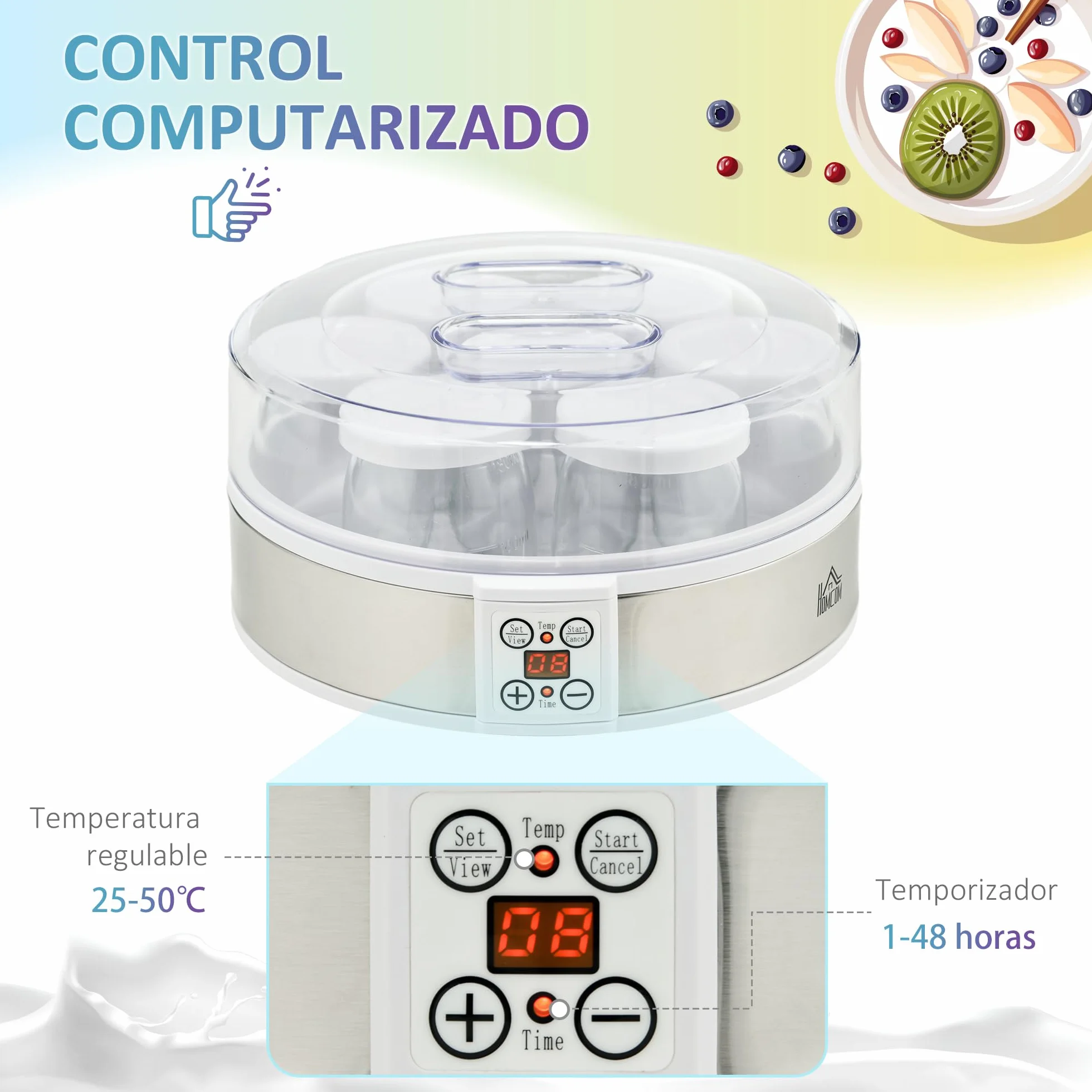 HOMCOM Máquina de Yogur 1,26L 20W 7 Tarros de Cristal 180ml Termostato Ajustable Temporizador Pantalla LED 24x24x13 cm Blanco