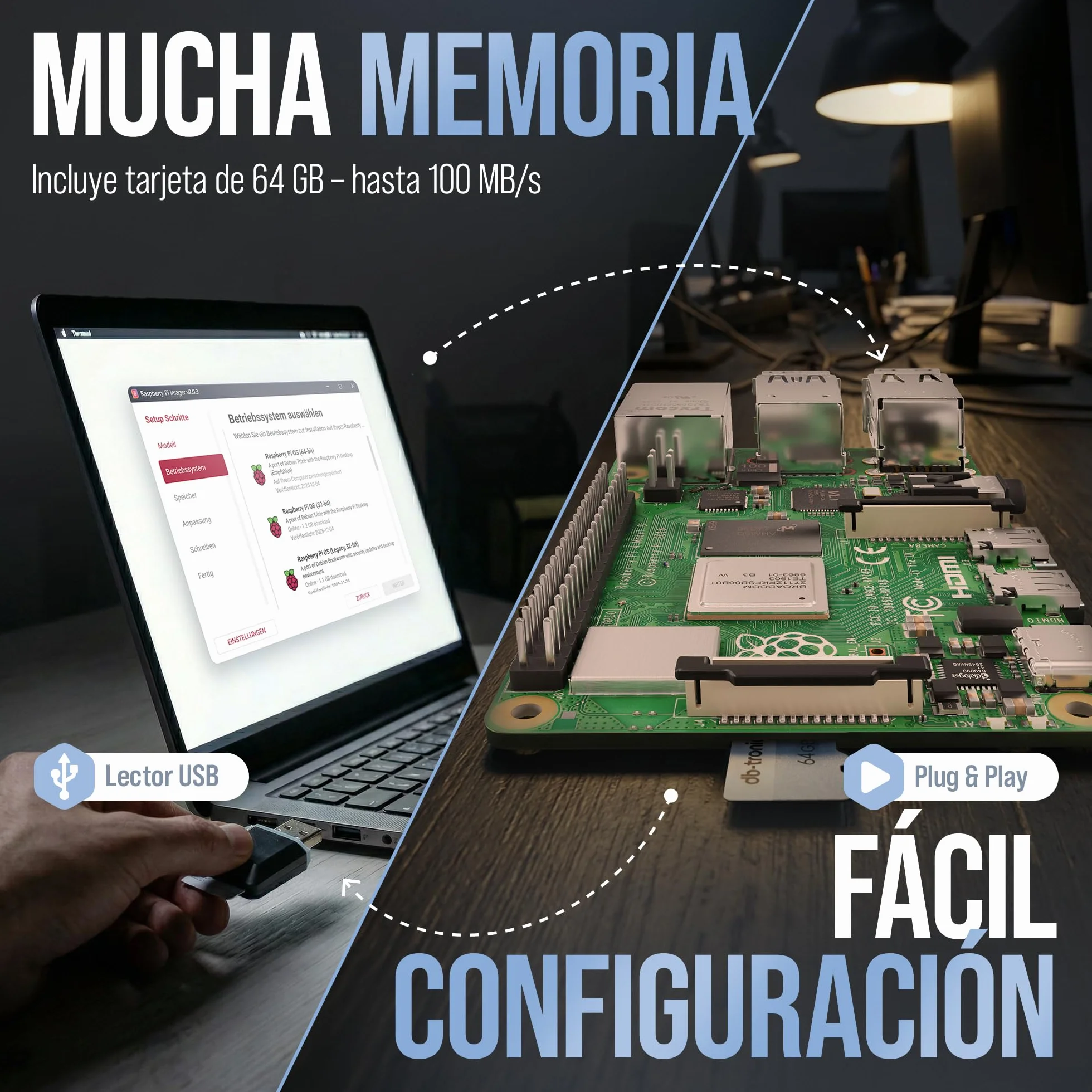 db-tronic Raspberry Pi 4 4 GB Starter Kit | Edición Negra 64 GB | Alimentación 15 W | Carcasa | Micro HDMI 4K | Disipadores | Lector USB | Ideal para Home Assistant y el Smart Home