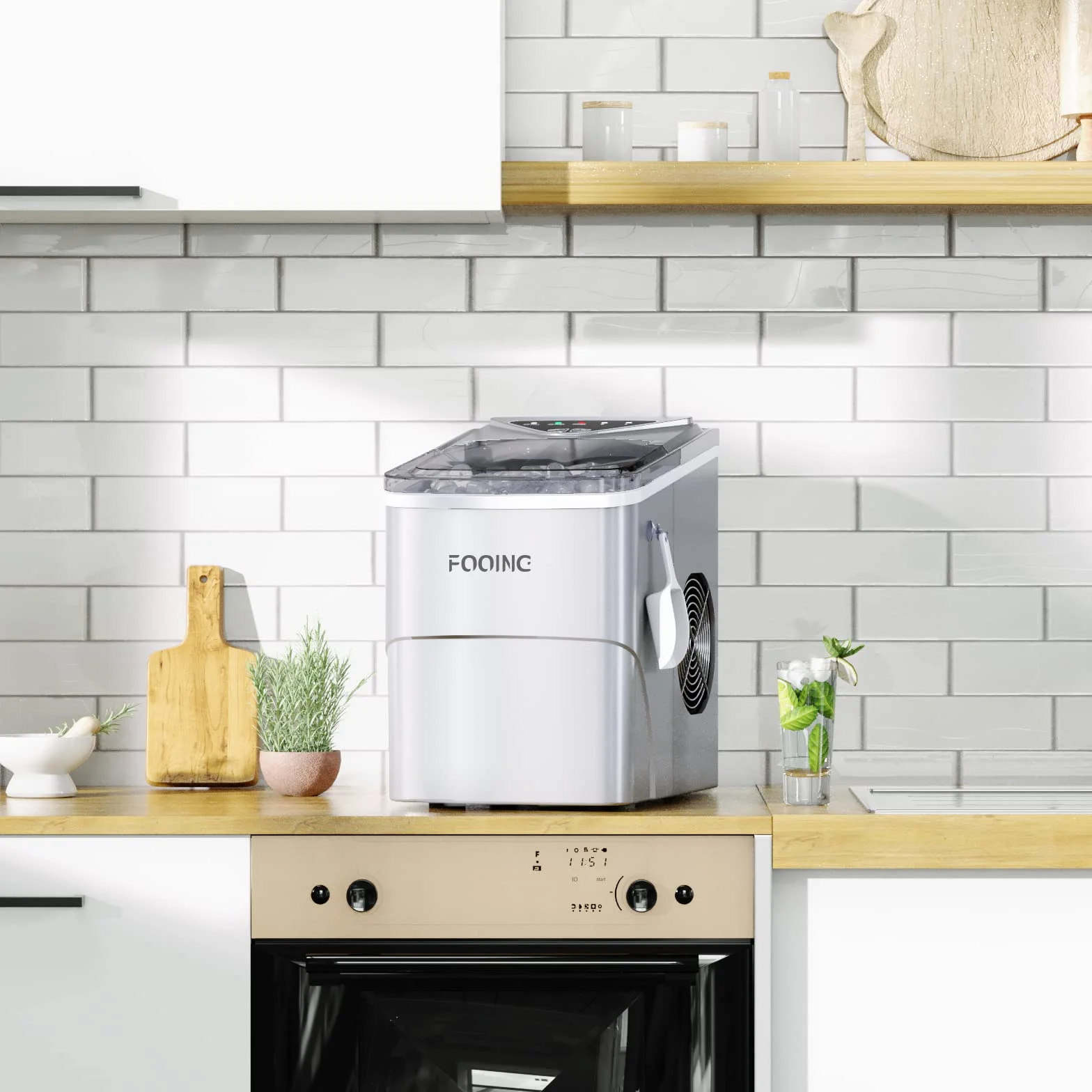 FOOING Máquina de Hielo 15KG/24H 6 Minutos Fabricación de Hielo Doméstica