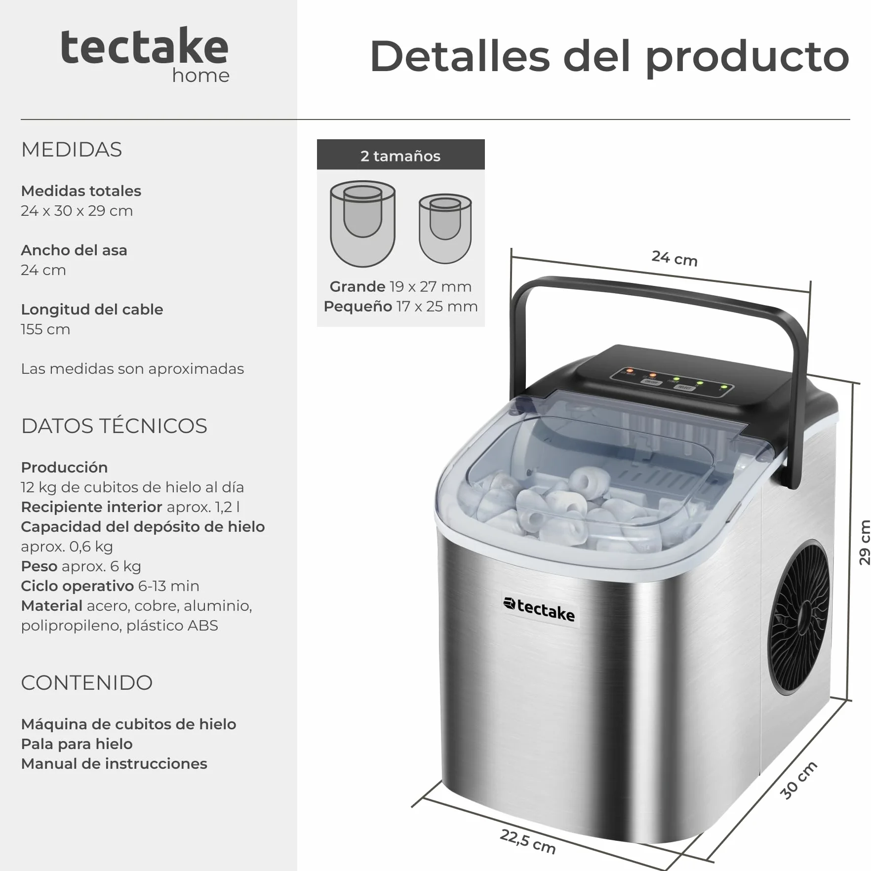 Tectake Máquina de Hielo Portátil 1,2 L Acero Inoxidable plateado