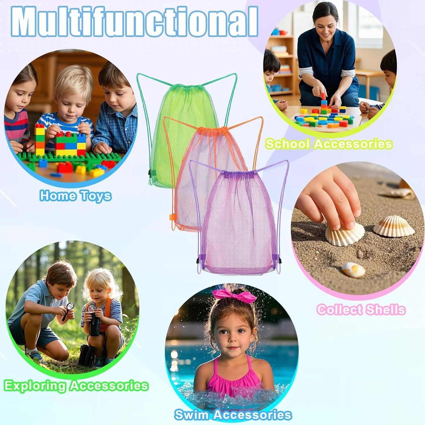 Bolsas de juguetes de playa para niños - Mochilas de malla con cordón para almacenamiento de arena, redes ligeras y duraderas