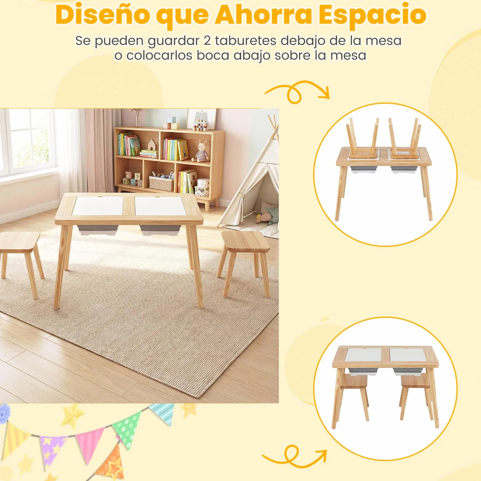 COSTWAY Mesa Sensorial Montessori con 2 Taburetes, Sillas Niños Superficies Doble Faz Desmontables, Cubetas Almacenamiento, Patas Madera Pino